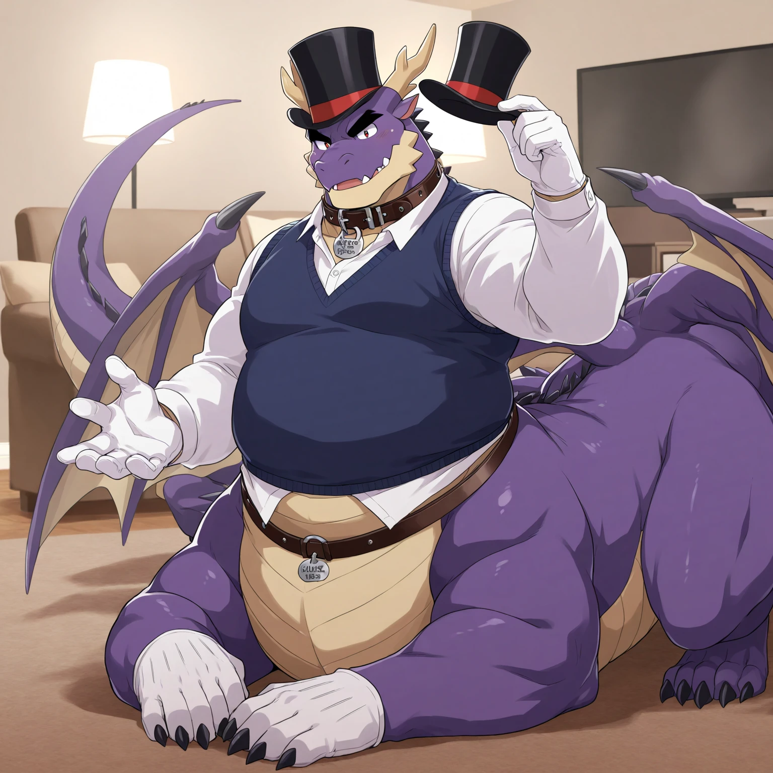 Solo, Male, fat, naked, extremely obese, gentleman, dapper Dragon with a large penis and testicles, large nipples, ejaculating extreme amounts of sperm form the penis, purple skin, purple scales, green eyes, (posing:1.3), (soft shading), 4k, hi res, ((detailed face, detailed)), office, steampunk, looking at viewer, mouth wide open, large belly, bulging belly, Dragon is wearing a glossy top hat, Dragon is wearing a thick glossy leather dog collar around the neck, Dragon is wearing glossy white rubber gloves on the hands, wearing white rubber gloves on the feet, gloves are glossy, gloves are rubber in texture, Dragon is wearing the leather collar and rubber gloves at the same time, clenching fists, leather collar is glossy and shiny with a lot of detail, Dragon is wearing gloves and leather collar at the same time, leather collar has a round dog-tag, leather collar is thick and detailed, leather collar is glossy and shiny, fancy gloves, fancy top hat, leather collar is thick, glossy leather collar, leather collar is thick and glossy, leather collar is somewhat wide, gloves go up to the wrists and ankles, Dragon is only wearing gloves and a leather collar and a top hat, Dragon is wearing the gloves and leather collar and the top hat at the same time, gloves are white, dapper gloves, dapper top hat, dapper leather collar, white gloves, naked, foot gloves, sperm is gooey and sticky, penis is gooey and wet, sperm everywhere, dragon is wearing a rubber cock ring, rubber cock ring is around the base of the penis.