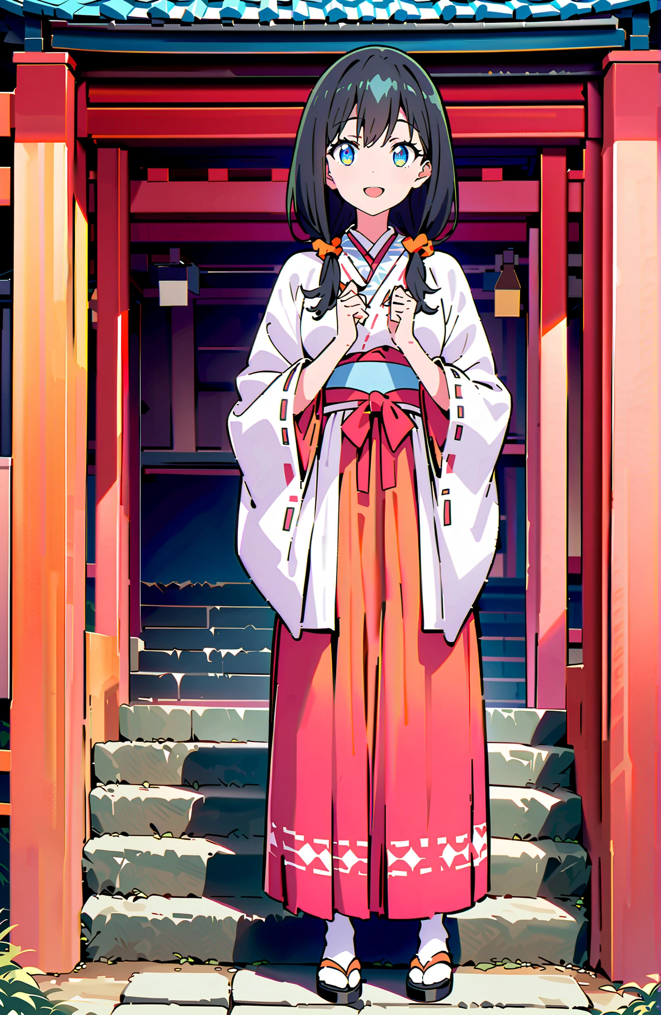 score_9, score_8_up, score_7_up, source_anime, It's because of Rikkata, black hair with a young pattern, blue eyes, long hair, orange scrunch, scrunchie, Wrist Scrunches , smile,cover,Open Your Mouth,Orange wrist scrunch, Shrine maiden, kimono, object, Red Hakama Skirt , Wide Sleeves, long sleeve, ribbon trim sleeve,Sandals, white socks, standing on a stone staircase,noon,full bodyがillustrationsに入るように,break outdoors, shrine,
break looking at viewer,full body,
break (masterpiece:1.2), Best Quality, high resolution, Unity 8k 壁紙, (illustrations:0.8), (beautiful detailed eyes:1.6), very detailed face, so that it fits into the illustration, Extremely Detailed CG, (perfect hand, perfect anatomy),