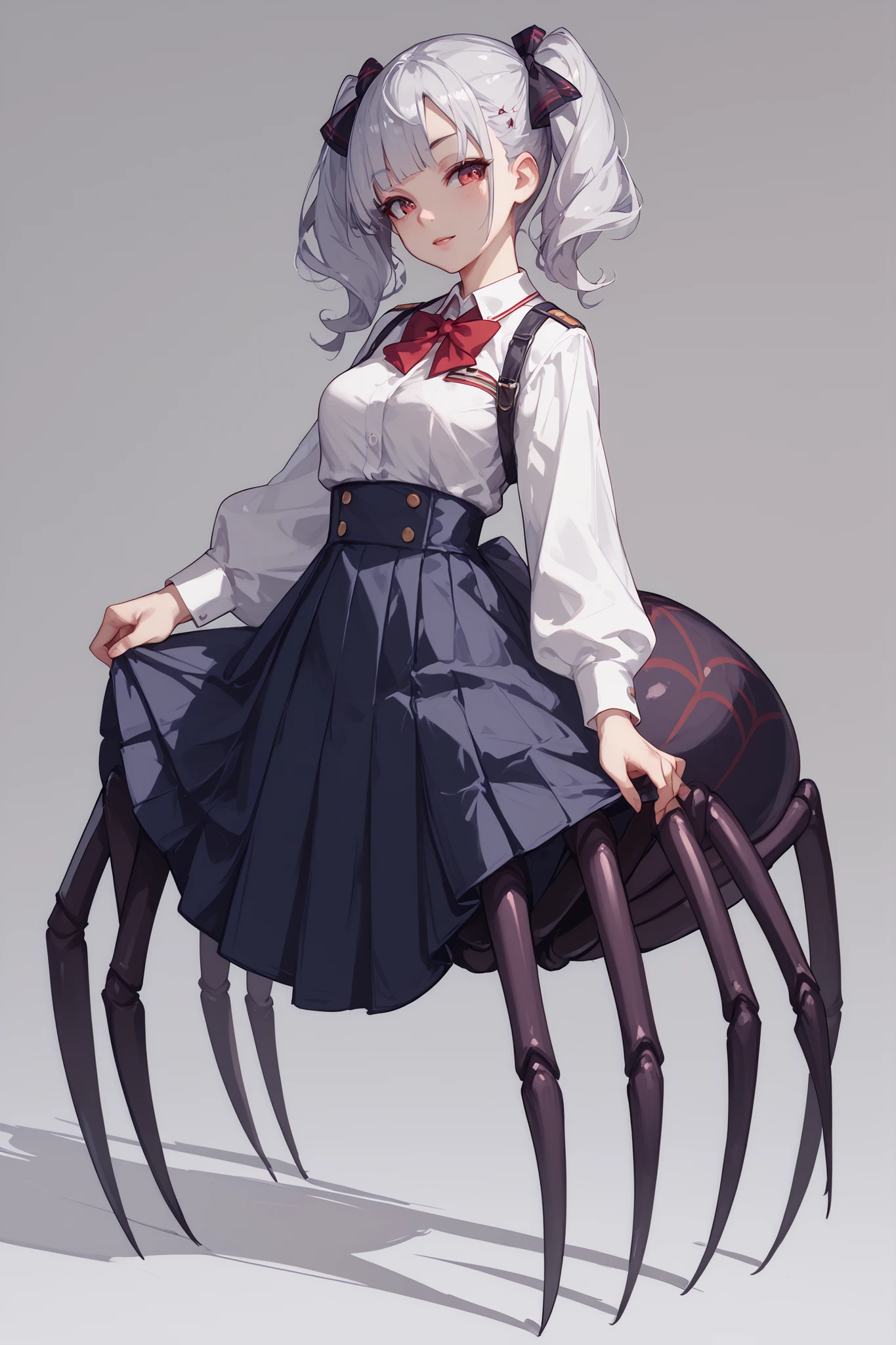 Arachne、the upper body is a girl in uniform、 lower body spider、The lower body is completely spider、 Silver Hair、twin tails、high school girl、full body