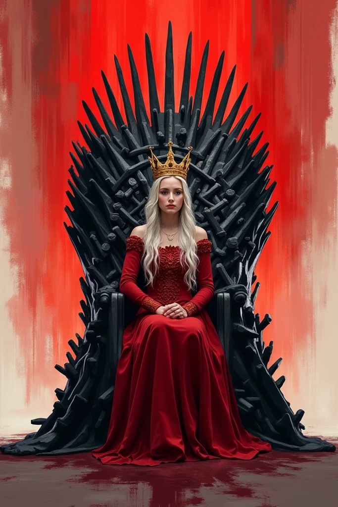 A beautiful Thick weight Targaryen Queen wearing a Royal black silky Queen gown with red cloak and furry cloak,Her platinum blonde hair is braided to set around her back head, She's wearing a golden Crown, she's sitting on the iron throne with a black large hall with a vertical window in back.