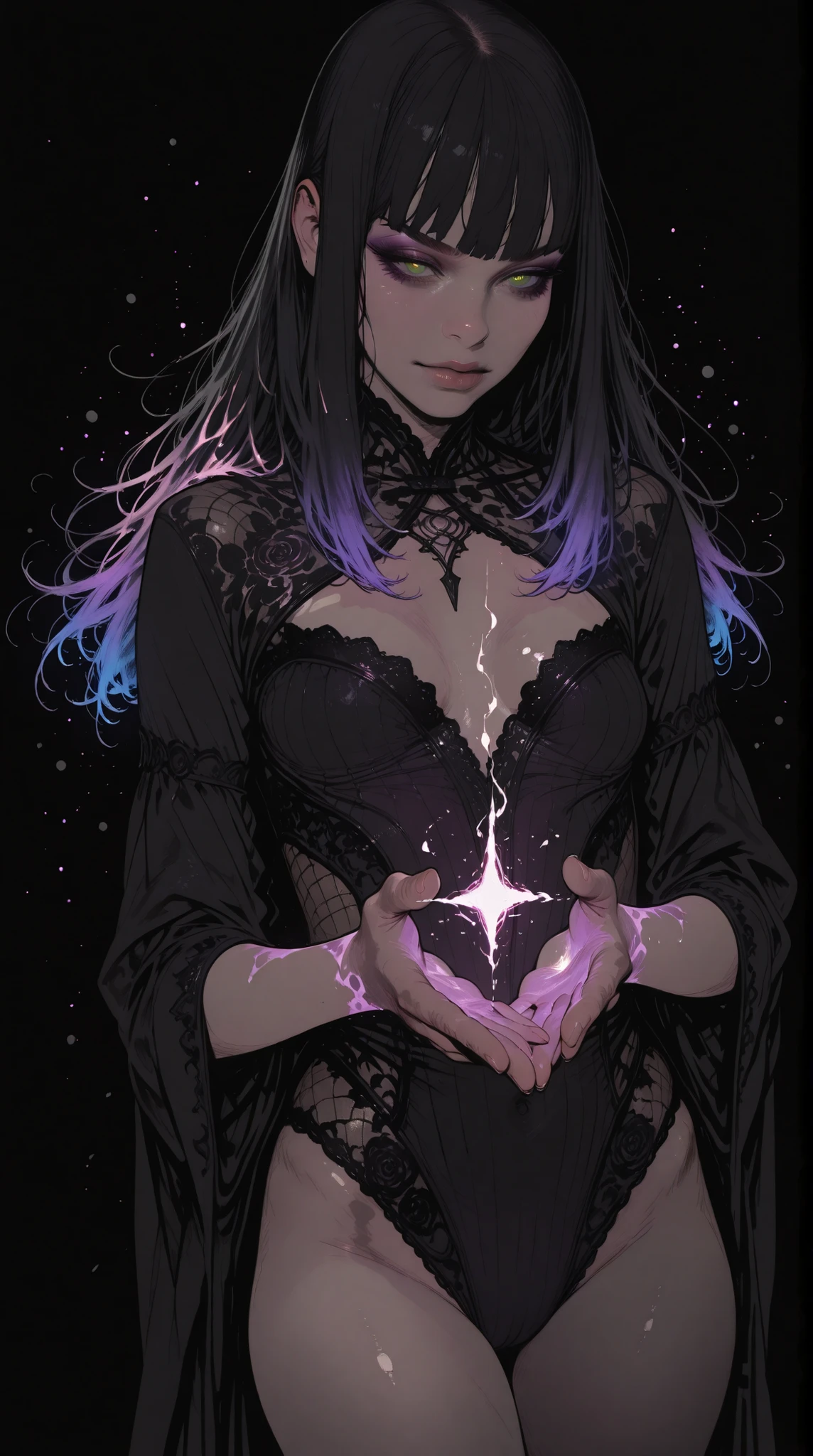 HDR, 8K, high contrast, masterpiece, best quality, amazing quality, very aesthetic, realistic, newest, volumetric lighting, (flat colors:2), ((black background)), (incase:0.3), (tsuaii:0.3),
1girl, solo, sexy witch girl, perfect face, thick eyeliner, small breasts, long straight black hair, green eyes, cowboy shot, (casting magic spell), magic aura, glowing particles, dynamic pose, dynamic angle, action shot, Sinozick_illu 