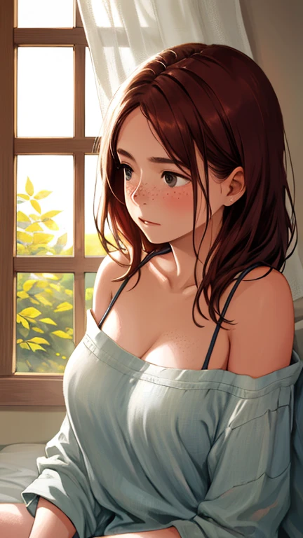 (Wet wetting of milk: 1.2) Portrait of redhead freckle teacher sitting on porch: white shirt with V-neck: 2], visible through white top T-shirt, slate atmosphere, cinematic, dim colors, dark shots, muted colors, film grainy, lut, insane details, complex details, ultra detail, close-up, dusk, ((nipple))