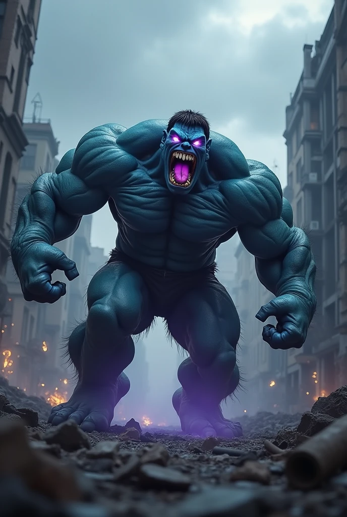 A muscular, blue gorilla-man the size of Hulk , furious against the military in an urban city