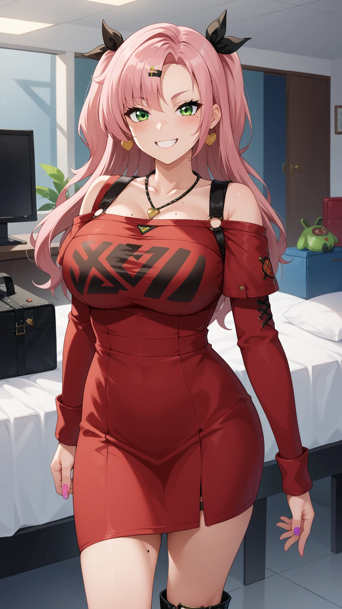 Nicole Demara, Nicole begins, (Green Eyes:1.5), Pink Hair, hair ornaments, hair ribbon, Hair Clip, Long Hair, mole, mole on breast, mole on thigh, mole under eye, Both sides up, ribbon, Grin, 笑face, Open your mouth,
BREAK black footwear, black ribbon, black Shorts, black socks, black Knee socks, boots, Cleavage, Earrings, jewelry, Knee-high, Manicure, necklace, O-ring, Thigh straps, Knee socks, Both sides up,
BREAK looking at viewer, (Cowboy Shot:1.5),
BREAK (masterpiece:1.2), Highest quality, High resolution, unity 8k wallpaper, (figure:0.8), low length, Primary school students, face, Young girl body, NULL目, score_9, score_8_up, NicoleNSFW, green eyes, pink hair, long hair, two side up, Big breasts, mole under eye, hairclip, thick legs, sexy legs, wide hips, smile, horny face, seductive face, blushing