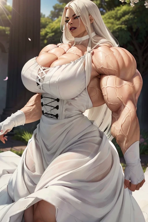 ((((Massive tall, beautiful, buff, wet, light brown skinned muscular woman with wet white hair, black lipstick, ginormous bulky muscles and wearing a beautiful white long dress)))), close view, massive muscle, massive biceps, hyper muscle shoulders, muscular arms, vascular shoulders, hyper muscle triceps, (long straight hair), (blue eyes, (beautiful white long dress), choker, (in the raining lake under a night waterfall), (standing beautifully), closed smile, night, hyper vascular arm, hyper muscles arms, hyper muscle legs, (massive arms).