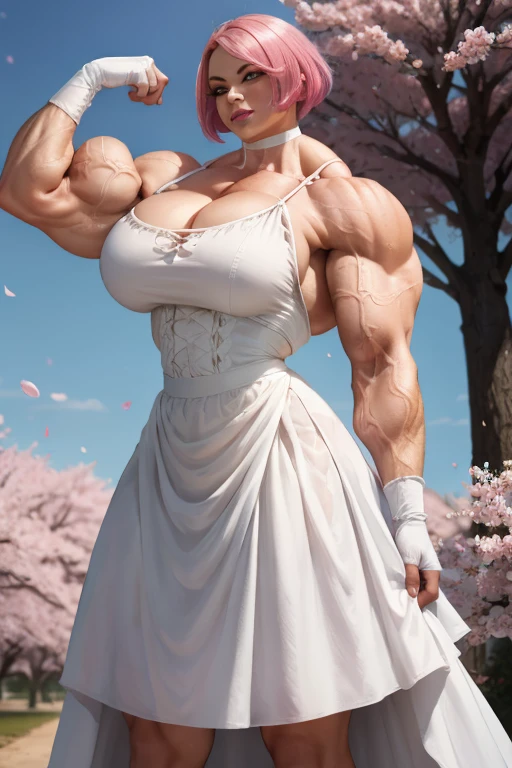 A beautiful, buff, bloodied, light brown skinned muscular bride in a blood stained wedding dress with shocking pink hair, red eyes, black lipstick and ginormous bulky muscles, (blood stained body), ((wearing a blood stained wedding dress)), (close view), angled bob cut, ((massive muscles)), (hyper muscle), covered in blood, (holding a katana sword), in a destroyed church, (sword stance)
