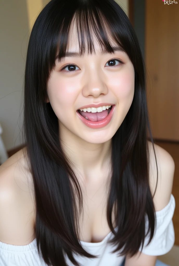 (masterpiece, Highest quality:1.4), Award-winning portraits, 8K, 85mm, alone, Beautiful Face, Delicate girl, (Bedroom at night), Sophisticated, cute, 15 years old, RAW Photos, Confused, High resolution, Sharp focus, Background Blur、(((Flat Chest 、thin and delicate body、Childish atmosphere)))、shiny semi-long hair、ponytail、I have a small mole on my left cheek、 Dark brown eyes、sexy、flexible legs、Knee Shot、Smile shyly、Shot from below、Are sleeping