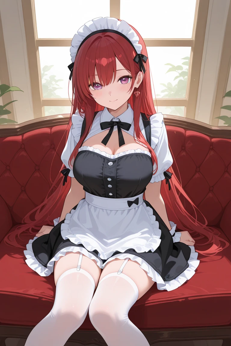 masterpiece, best quality, arisugawa natusha, 1girl, solo, sit down, smile, bangs, (big breasts:1.3), cleavage, maid headdress, maid, frills, black dress, detached collar, puffy short sleeves, wrist cuffs, apron, white thighhighs, long hair, orange hair, looking at viewer, closed mouth, in the room