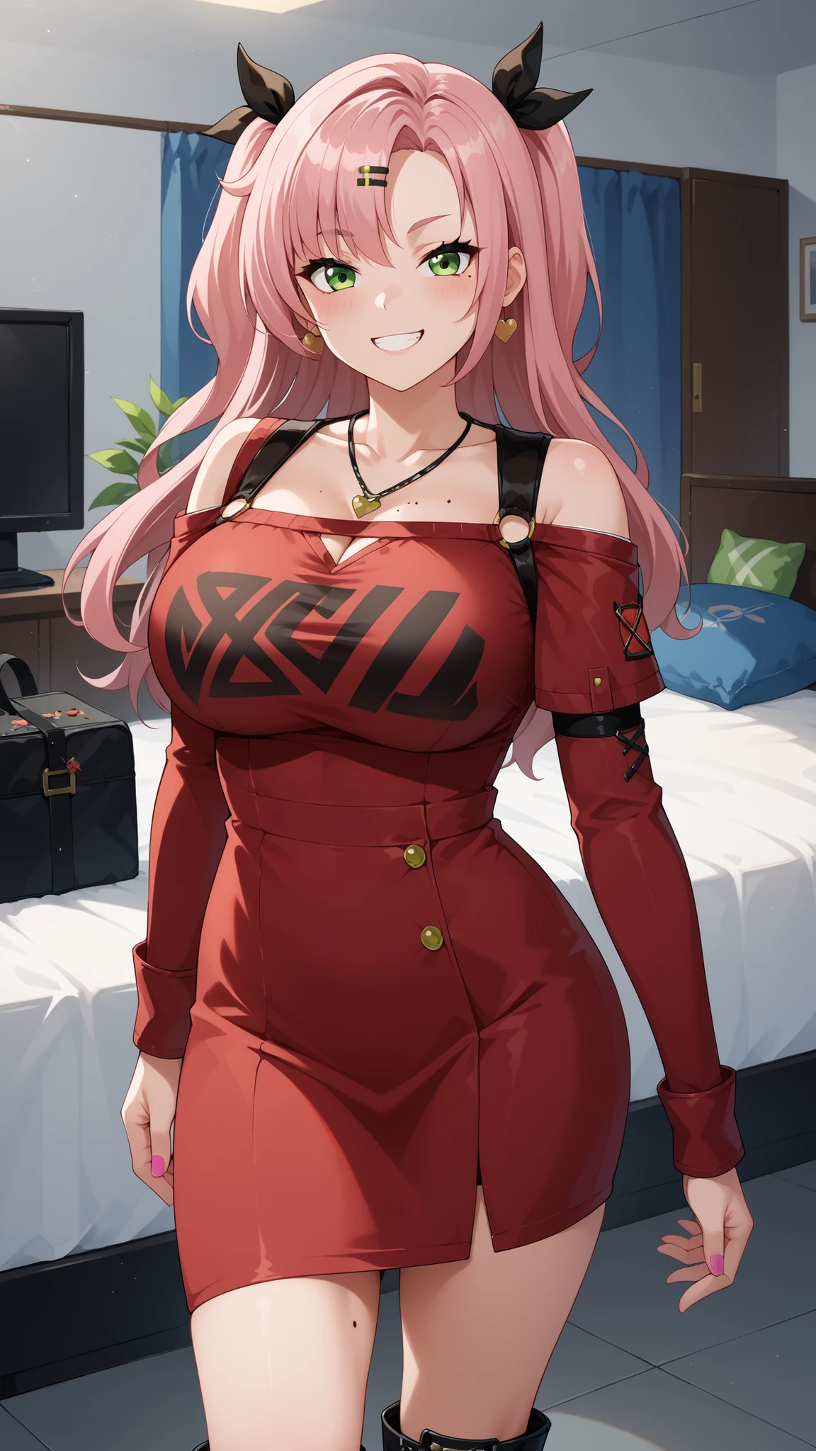 Nicole Demara, Nicole begins, (Green Eyes:1.5), Pink Hair, hair ornaments, hair ribbon, Hair Clip, Long Hair, mole, mole on breast, mole on thigh, mole under eye, Both sides up, ribbon, Grin, 笑face, Open your mouth,
BREAK black footwear, black ribbon, black Shorts, black socks, black Knee socks, boots, Cleavage, Earrings, jewelry, Knee-high, Manicure, necklace, O-ring, Thigh straps, Knee socks, Both sides up,
BREAK looking at viewer, (Cowboy Shot:1.5),
BREAK (masterpiece:1.2), Highest quality, High resolution, unity 8k wallpaper, (figure:0.8), low length, Primary school students, face, Young girl body, NULL目, score_9, score_8_up, NicoleNSFW, green eyes, pink hair, long hair, two side up, Big breasts, mole under eye, hairclip, thick legs, sexy legs, wide hips, smile, horny face, seductive face, blushing