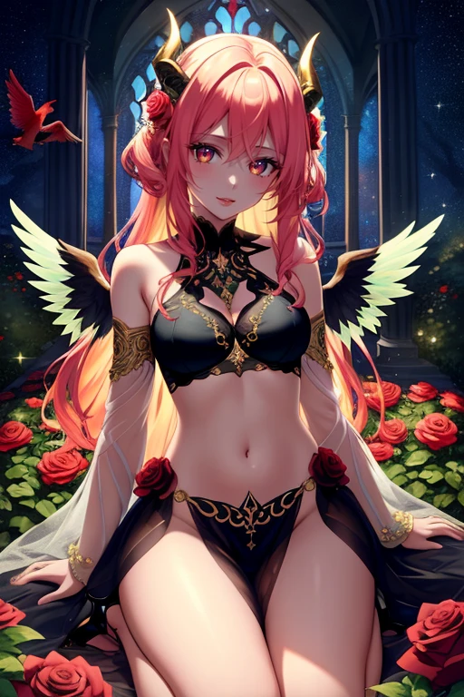 mature_female, YorForger, jewelry, looking at the viewer, hollow, abyss, church, catholic, angel,fairy,universe, glitter, holo, mary, glint, gradient, overlay, shadow, grand, flowers, sparkle flowers, golden hair, (wings), full body, midriff, shirt, red eyes, hips, navel, sidelocks, golden heels, fog, pink rose, red rose, rosemary, parrot, green wings, water, hair, horns, lips out, galaxy eyes, flowers, garden