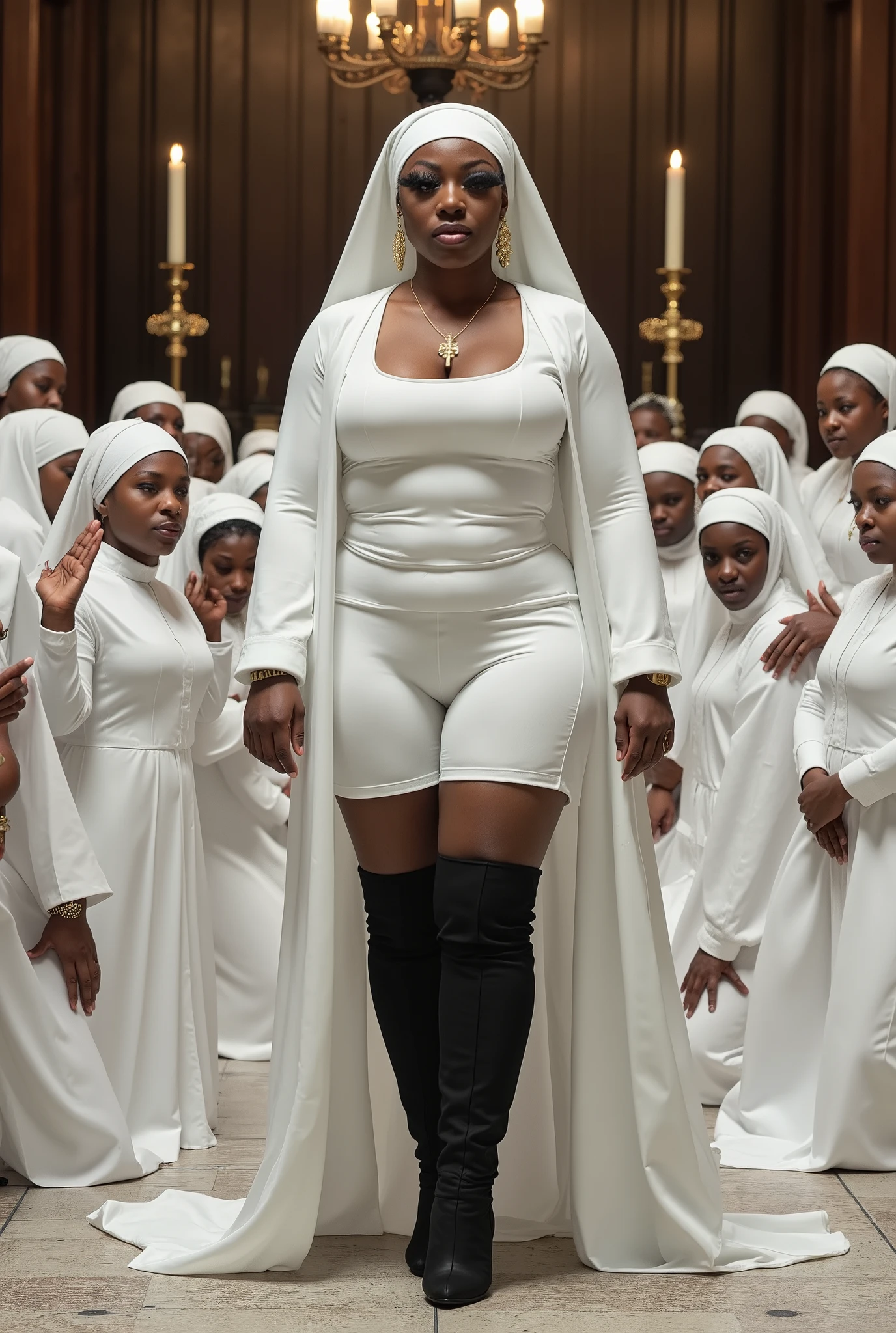 A black female nun clergyman, Santa, dressed in revealing white, tight-fitting nun clothes, gold cross and earrings, wearing black tight high-heeled boots with pointed toes, stands in church surrounded by white nuns praying and kneeling.