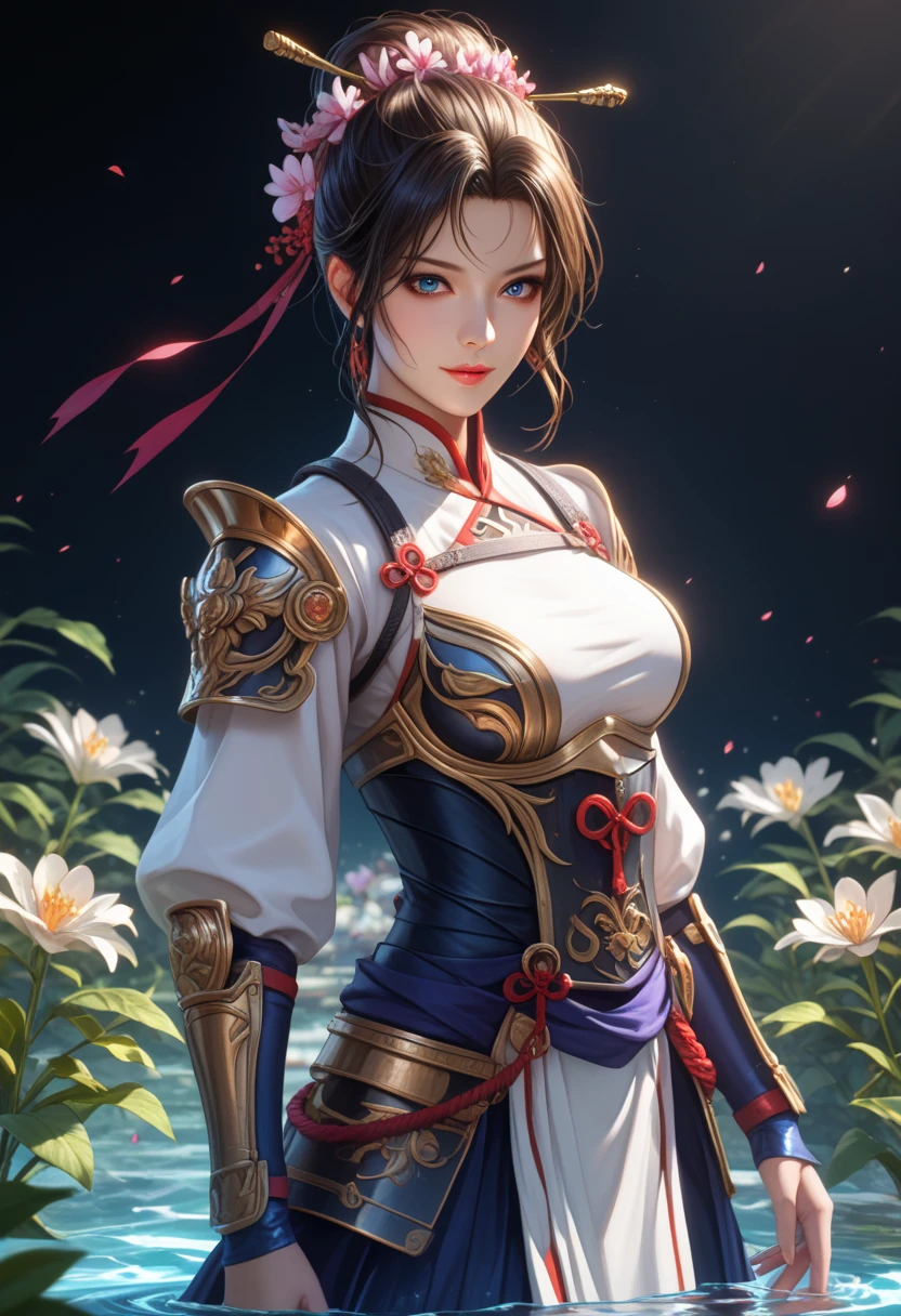Anime Girl 1,sexual, beautiful, holding a katana in his hand , hkwarrior, bright colors,shine, Two hair colors, Clear drawing of details, masterpiece, maximum of ideal qualities, Average beautiful Breasts, Body parts are visible, textile, Small armor, Black Mystical Background, Detailed drawing of the entire painting, maximum details, Flowers Purple Shine, water,EMOTIONS, ultra detail, High Quality Resolution, Maximum Accurate Drawing, Epic Picture, dynamic shadows, Fantasy, Warrior Courage, score_9,score_8_up,score_7_up,dramatic lighting,highly detailed,high budget,bokeh,cinemascope,moody,epic,gorgeous,film grain,grainy,masterpiece,best quality,perfect anatomy,very aesthetic,official art,8k, Shine and Clarity, intricate details,