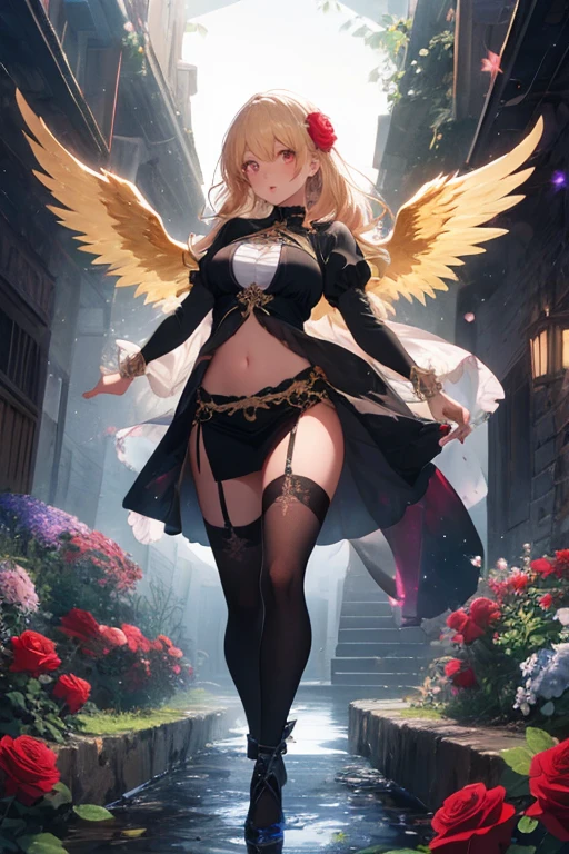 Highest quality,Highest Resolution,Beautiful girl with angry face in gothic lolita leotard,High leg,(((Floating in the air))),Halo,Night Sky,Severe lightning strike,Thick Lightning,Very beautiful red eyes,rain,(((Black angel wings on the back))),whole body,front,Purple long hair,In hand1with two big spears,Knee-high stockings,garter belt,Floating in the air,darkness,