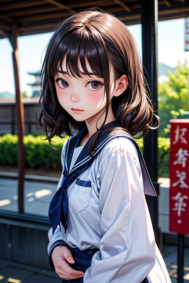A girl，petite，realisticlying，Wearing a sailor uniform，Realistis，exteriors，Floating hair，Detailed face --auto