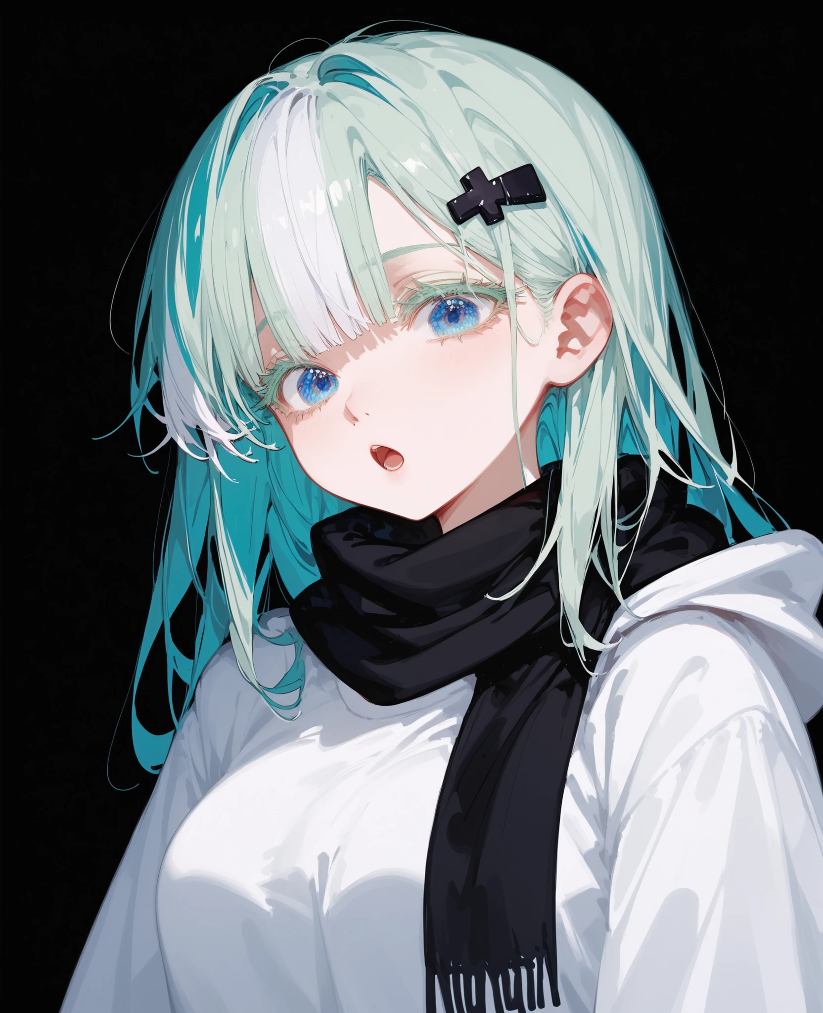 , white hair, multi colour,, light green hair,in black eyes, dawn,long hair, White Shirt,t-shirt,Hairpin XX,Long Eyelashes,,cute,black background,Blue Eyes, tomboy, ghoul eyes ,Oversized coat,Hooded tunic,runny nose,, put on a scarf ,Fever ,Open your mouth,medium breasts,