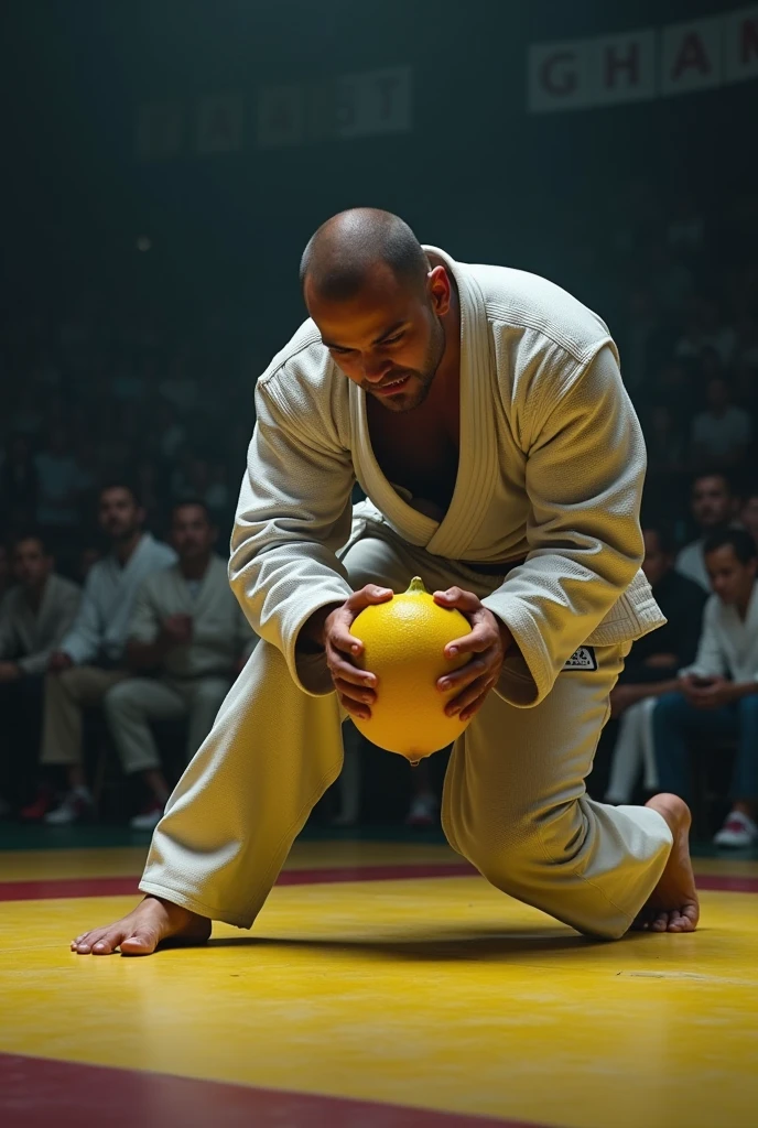 black hair, middle-aged man, individual, male, Muscular wrestler, muscular, Stout wrestler, Asian, Japanese, uncle, 55 year old middle-aged man, short hair, short hair, yellow wrestling boots, full body portrait, shadow, Vision, yellow briefs, obesity, 45 years old, short beard, middle-aged man, tattoo, fingerless gloves, Wheat skin, shiny skin, dark skin, Show your pectoral muscles, sumo wrestler, bodybuilder, wide temples, Visible abdominal muscles, Smile, Fine hands, solid color background, pure white background, Surrealism, Panorama, 8k, super detail,