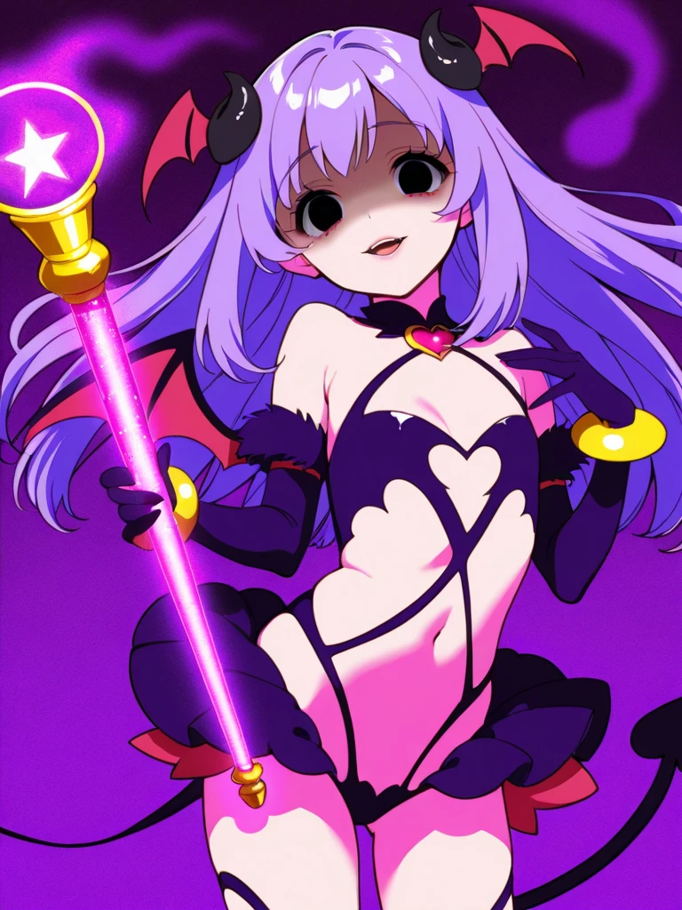 Lulu (League of Legends), 1girl, animal ears, bikini, blush, thighs, abdomen, colored skin, breasts, fang, full body, green eyes, happy, hat, League of Legends, open mouth, purple hair, purple skin, smile, solo, witch hat, yordle