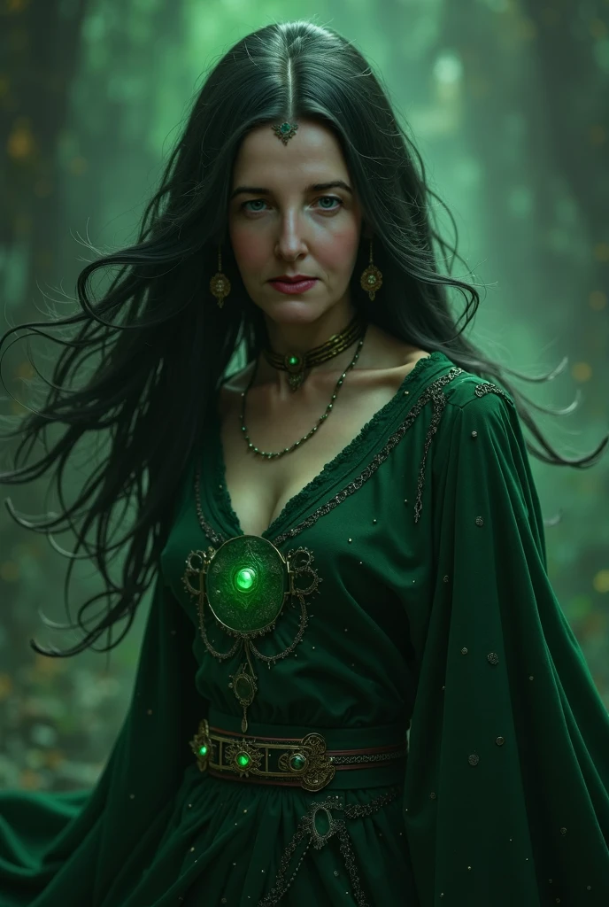 Make a picture of Rasputin's daughter with green eyes and long wavy black hair, about , full body, black and green clothes, and she is using her powers.