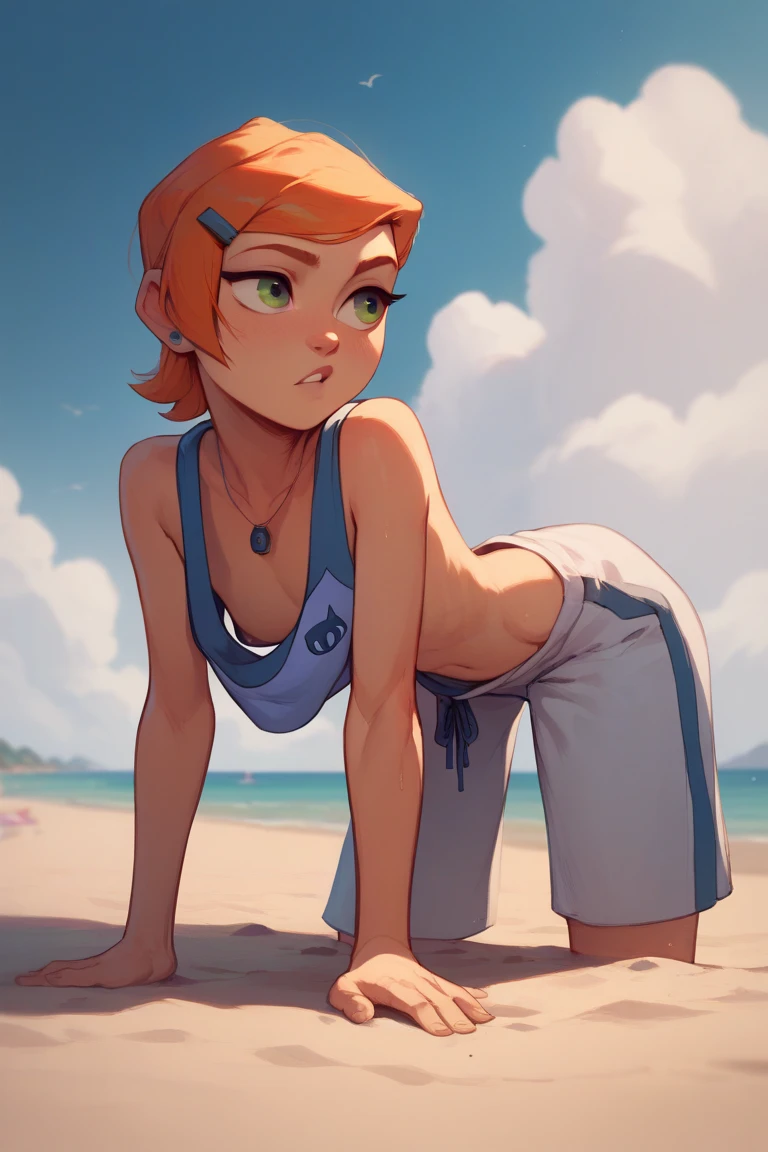 Make a woman, wearing no shirt, without bra, running on the beach