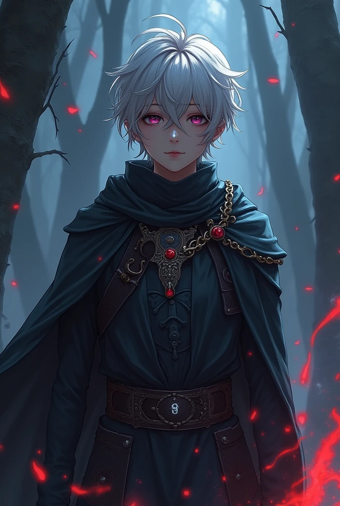 Character based on the world of Lord of the Rings, A high-fantasy horror, dark lord, a teenager half-elf boy with silver short hair and purple eyes, Dark wizard, A boy wearing a black long cloak, rivendell, younger half-elf sorcerer, high realism, red and dark magic, 1boy and 1girl, Arwen Undomiel