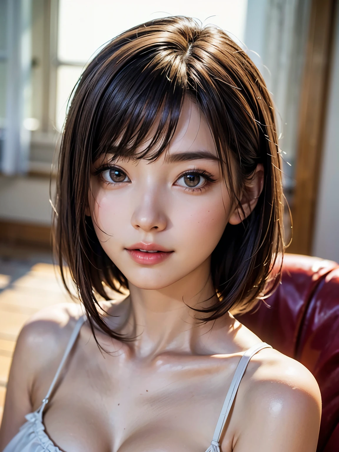 (SFW:1.8、masterpiece, Highest quality),Girl1people, In one people, Absurd、Draw clear boundaries、hyper Realistic, Realistic,Realistic, Looking at the audience, Light brown eyes:1.4,Brunette Short Bob Hair with highly detailed shiny hair:1.6, Beautiful bangs:2、Attractive bangs:2、bangs:2、Beautiful dark blue design bikini:1.8, See-through bikini、Lepangas:1.4), Mouth closed, Upper Body、big chest eye、eyelash、{Huge|big chest|Hugeな|Mega} whole :2, Chest cleavage:2、(((Add highlights to the eyes:1.4、big chest eye、Short Bob Hair、Glowing Skin:1.4、Looking at the audience、She is very 美しい and cute、Show me your ears、Beautiful long neck:1.8、smile、Close your mouth and smile:1.5、Bangs and beautiful teeth)))、Ideal body type、((Blue sky background with very beautiful clouds:2、Beautiful summer scene with clear blue sky and floating cumulonimbus clouds:2、Very beautiful deep blue sky background:2))、Beautiful long neck:1.6、(({Huge|big|Huge|Mega} chest, Chest cleavage:2))、(((Beautiful bangs:2、Portraiture:2、Face close-up:2、Face close-up:2)))、Perfect Anatomy、people々Beautiful paintings that make you happy:2、Natural and comfortable lighting