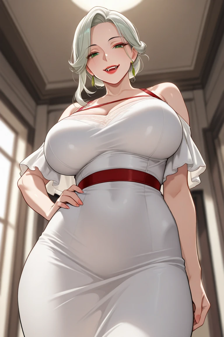 (obra maestra, mejor calidad:1.2),  ntrman, 1 girl, gray hair, gloves, pearl necklace, lingerie, breasts, revealing dress, alone, es, elbow-length gloves, white hair, long hair, black gloves, white hair, necklace, bottle, butt crack , beaded necklace, high waist, jewelry, smile, purple eyes, beads, looking at viewer, complexion, large breasts, mature, bare shoulders, hair band, no panties, lipstick