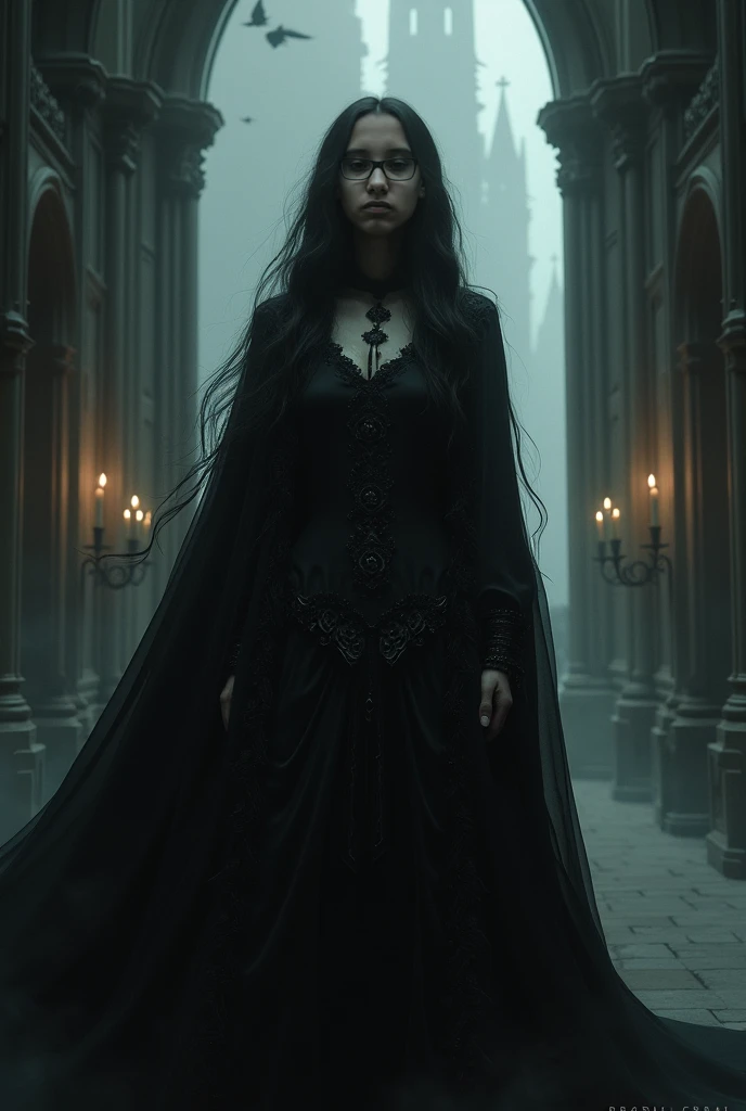 "Create a image inspired by the song 'Black No. 1' by Type O Negative. The design should embody gothic allure and mystery, featuring a dark, shadowy background with elements like black roses, dark candles, and gothic architecture. Incorporate a female figure with flowing black hair, reflecting both beauty and darkness, with an air of irony. Use a palette of deep blacks, shades of grey, and subtle hints of dark green to enhance the eerie yet captivating atmosphere."