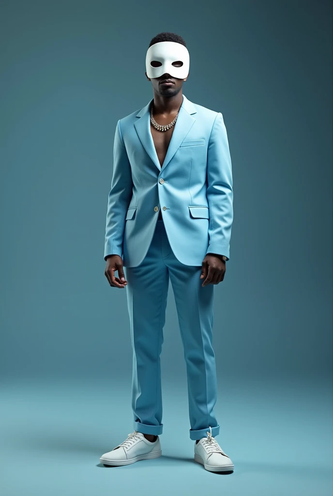 man wearing futurisitc suit , oversize pants, crop top vest , white shirt , blue tie , sitting like boss , white background , model , photo shooting , cinematic