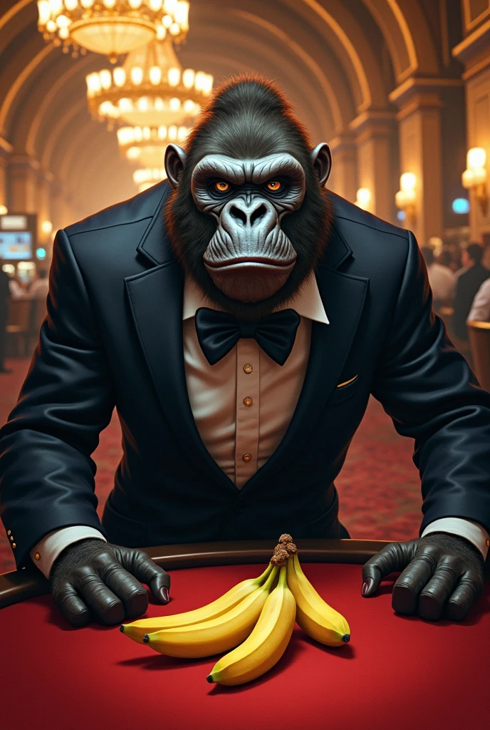 A gambling gorilla in a tuxedo