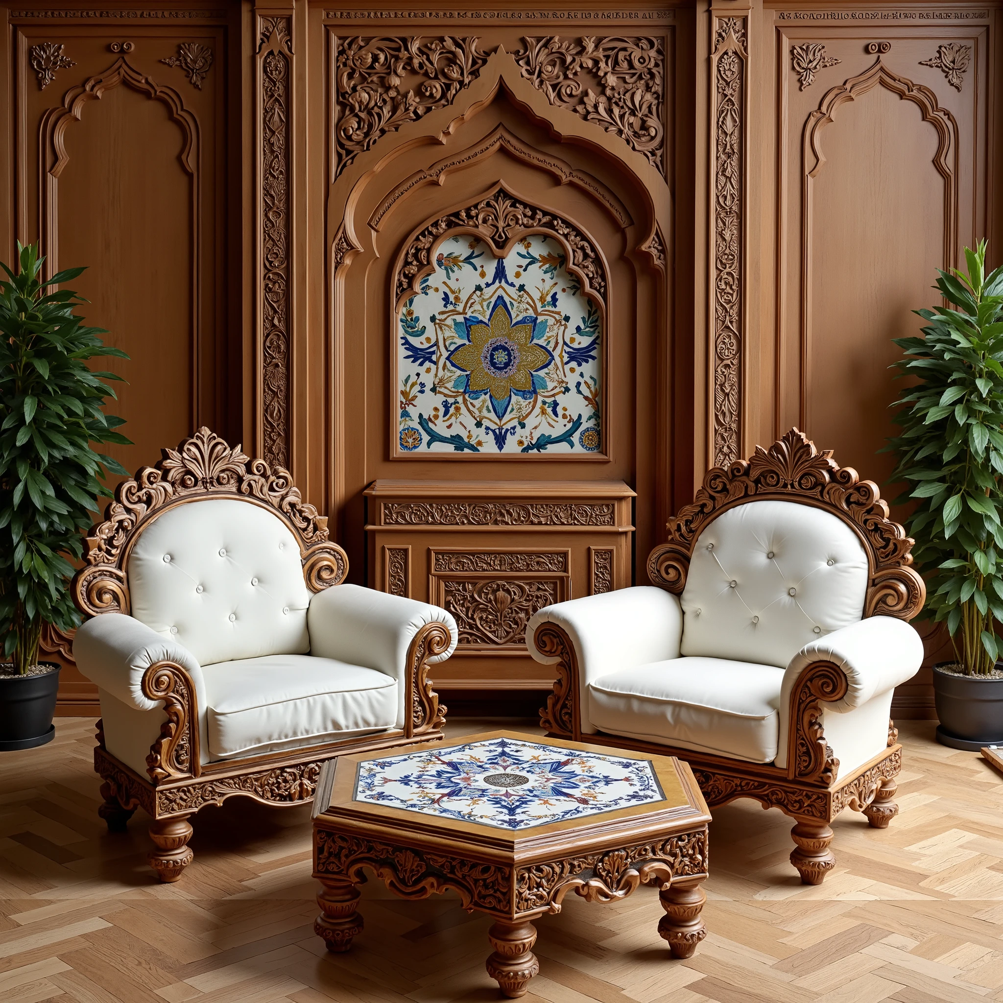 mughal, aka mughal, I want you to design a furniture suitable for Mughal architecture, so that the details of this furniture are clear. Let the furniture wooden carved flooring be decorated with geometric patterns printed with ajrap. Let this Furniture be a double berjer set. In the middle, let it be a wooden carved coffee table . Tile on this tile permit tiles. Let this tile resemble the Iznik tiles, let it be in blue and white tones. Have cushions to rest on the back of the bergers. Have two cups of milk tea on the middle coffee table. 