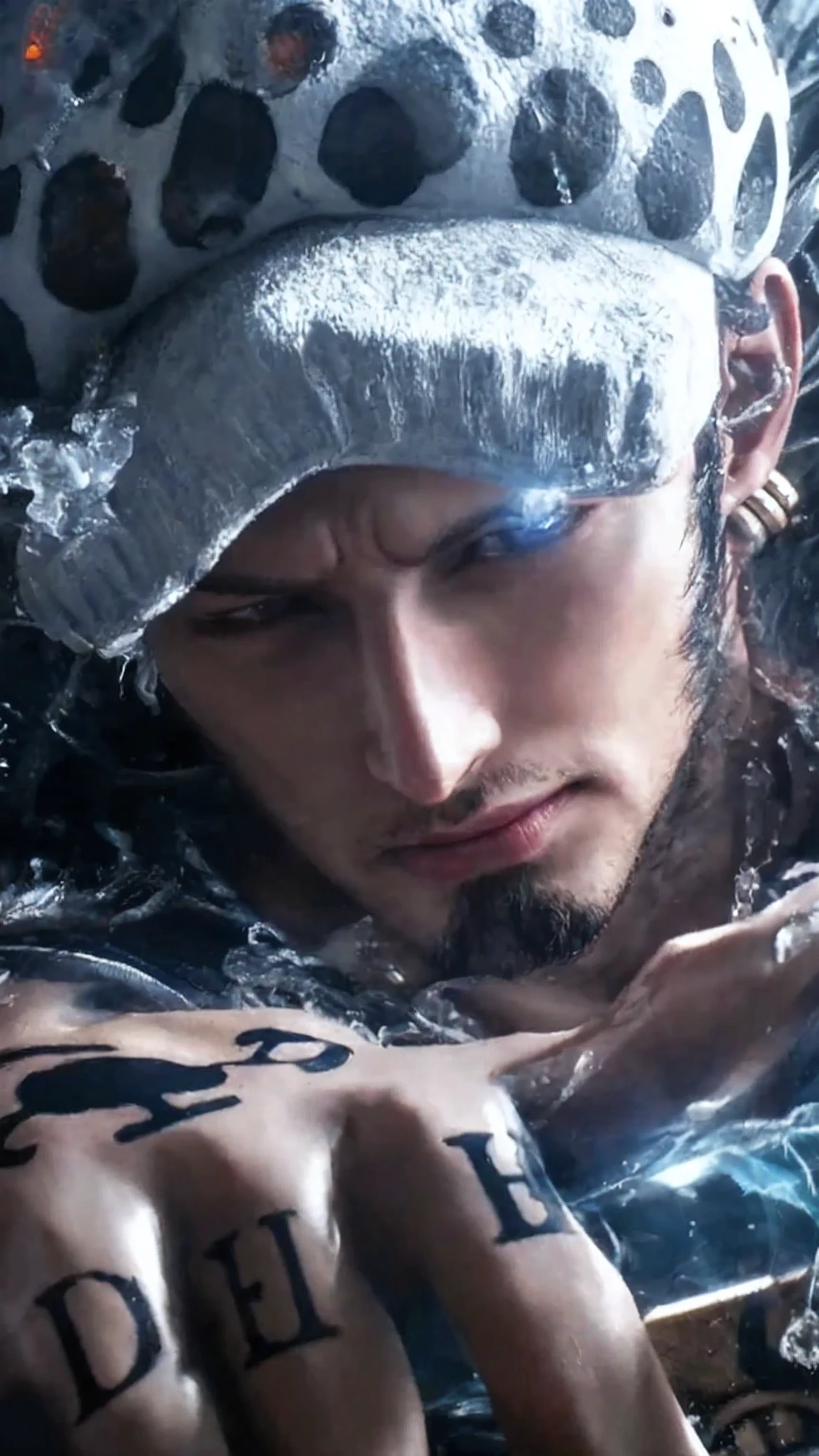 masterpiece, realistic highly detailed, realistic photography, photorealistic, trafalgar d law, trafalgal from one piece, one piece, male character, skin textured, clothes textured, textured cap, detailed tattoo, best quality, high quality, hyper realistic, 8k ultra hd