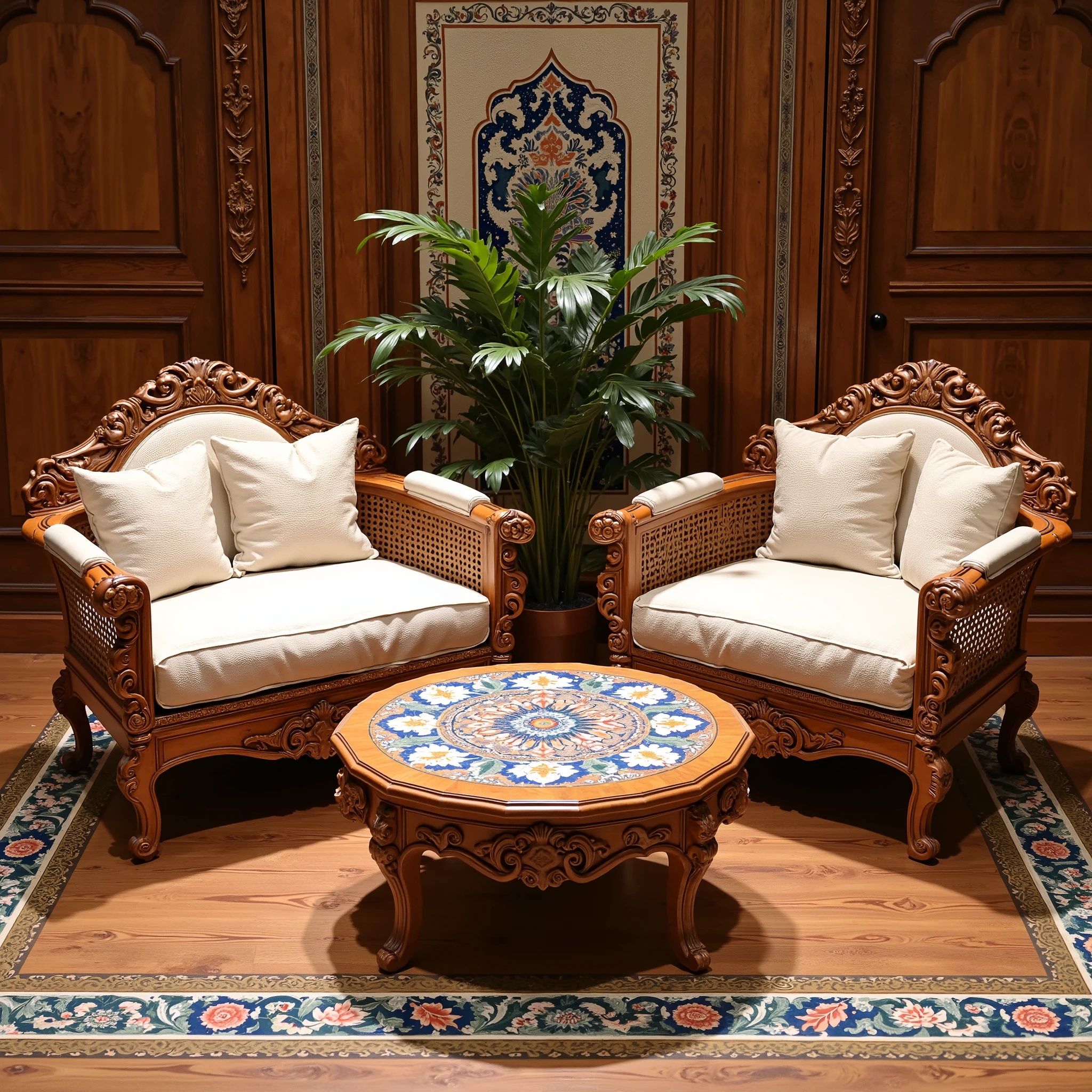mughal, aka mughal, I want you to design a furniture suitable for Mughal architecture, so that the details of this furniture are clear. Let the furniture wooden carved flooring be decorated with geometric patterns printed with ajrap. Let this Furniture be a double berjer set. In the middle, let it be a wooden carved coffee table . Tile on this tile permit tiles. Let this tile resemble the Iznik tiles, let it be in blue and white tones. Have cushions to rest on the back of the bergers. Have two cups of milk tea on the middle coffee table. 