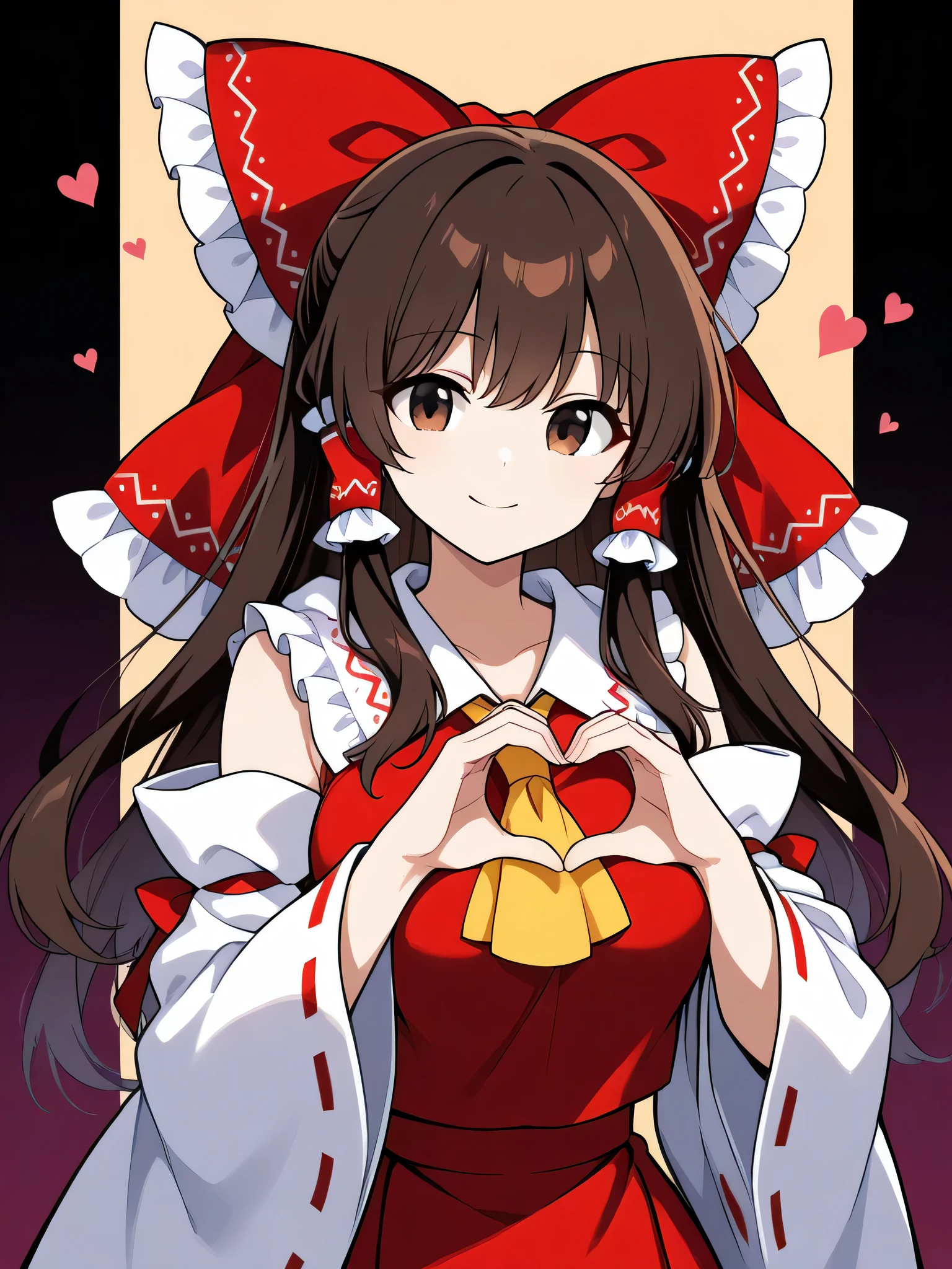 hakurei reimu, 1girl, , brown eyes, brown hair, long hair, sidelocks, large breasts,
hair bow, hair tubes, hair bow, hair tubes, frilled bow, yellow ascot, red shirt, ribbon-trimmed detached wide sleeves, red skirt,1girl, solo, heart, hood, heart_hands, looking_at_viewer, smile,