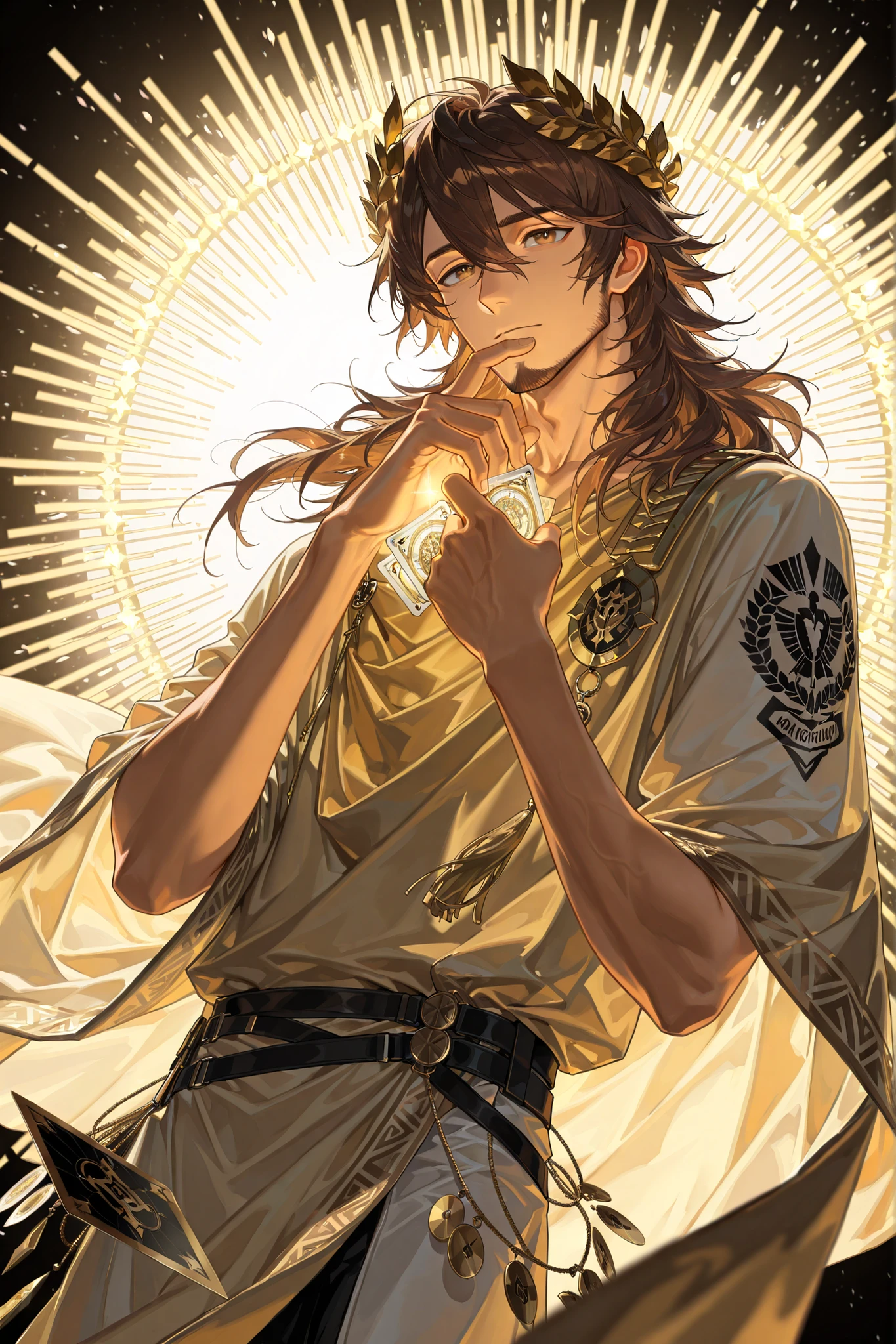 style of [arknights|(748cmstyle:0.88)], god rays, vivid colours, light stream, colour splotches, cinematic shot, mature, young adult, masterpiece, best quality, amazing quality, very aesthetic, high resolution, ultra-detailed, absurdres, (hands:-0.15),
(1boy, male, mature male:0.95), solo, alone,(upper body focus, dutch angle, three quarter view, close up, cowboy shot:1.2), (Gallagher:0.24), brown hair, hair between eyes, long hair, brown eyes, ragged cape, senator, broken laurel crown, poncho, signet, (flying emblem, holding a glowing poker card:1.13), hand close to mouth, ace of spades, golden toga, white accents, white colour accents, novuschroma79 style, glitch art photo
BREAK, depth of field, volumetric lighting
 