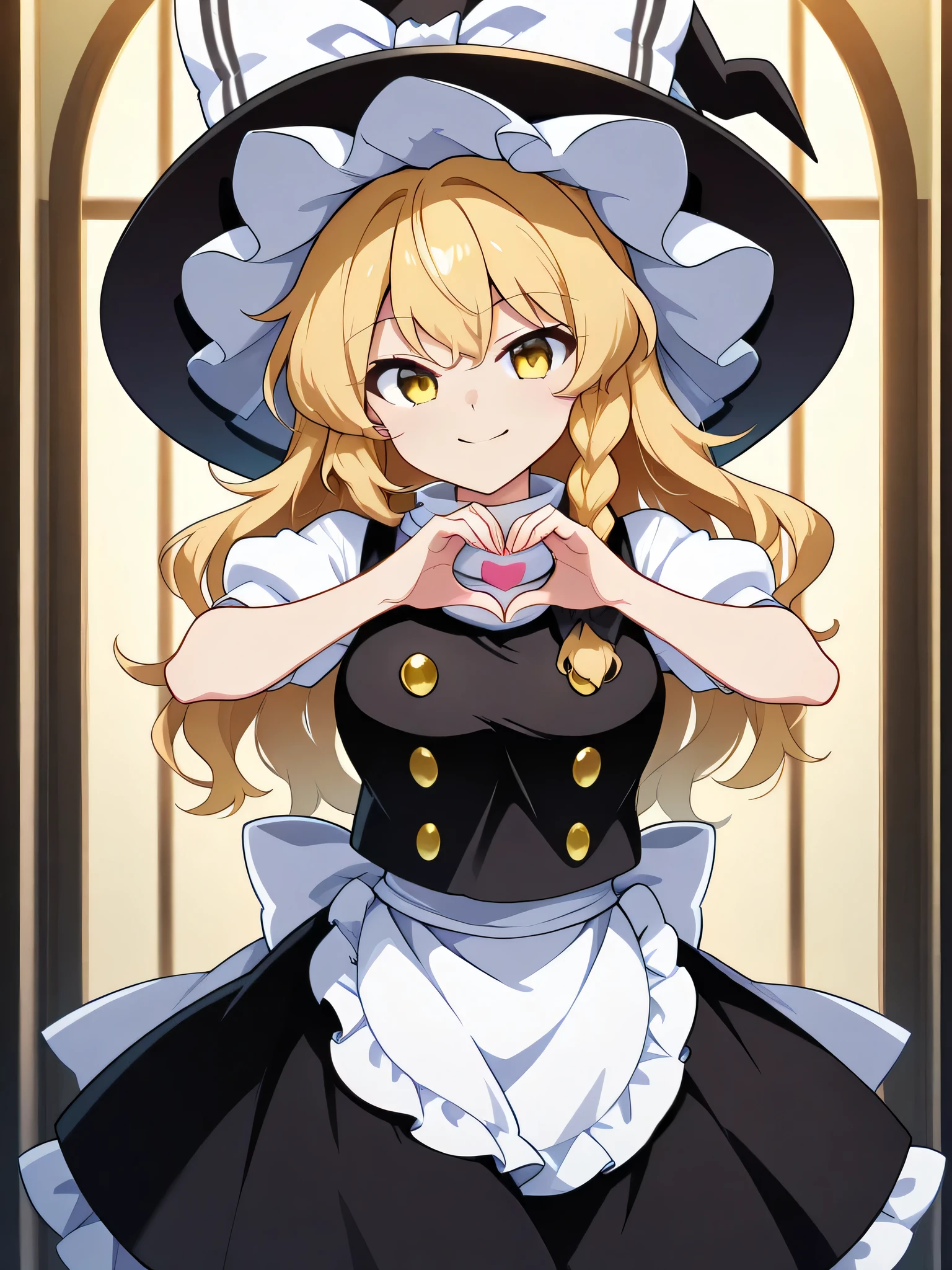 kirisame marisa, 1girl,, blonde hair, yellow eyes, single braid, witch hat, hair bow, black bow, white ribbon, black skirt, black shirt, short sleeves, waist apron, white sleeves, large breast,, solo, heart, hood, heart_hands, looking_at_viewer, smile,