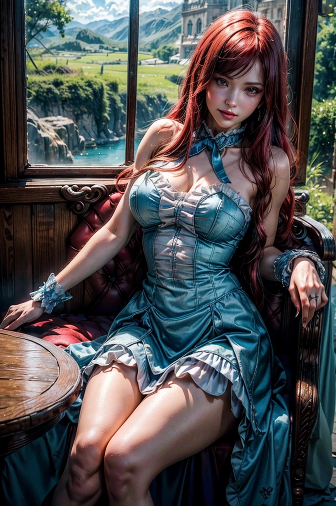 (raining day:1 girl with blue and white hair, Hold a wine glass,Girl), tmasterpiece, best qualtiy, RAW photogr, realisticlying, the face, Incredibly Ridiculous res, Beautiful elf beauty,Elf Princess,head chain,ear studs,Get wet all over, (Extra-long blue and white curls),White lace Lolita dress,light yarn,heeled sandals,Hold a wine glass,depth of fields, A high resolution, ultra - detailed, filigree, RAWE is very detailed, very detailed eyes and faces, Sharp pupils, realistic pupil, tack sharp focus, cinmatic lighting,full bodyesbian,Bigboobs,long leges,From the front side,Throne on a snowy day,dynamicposes