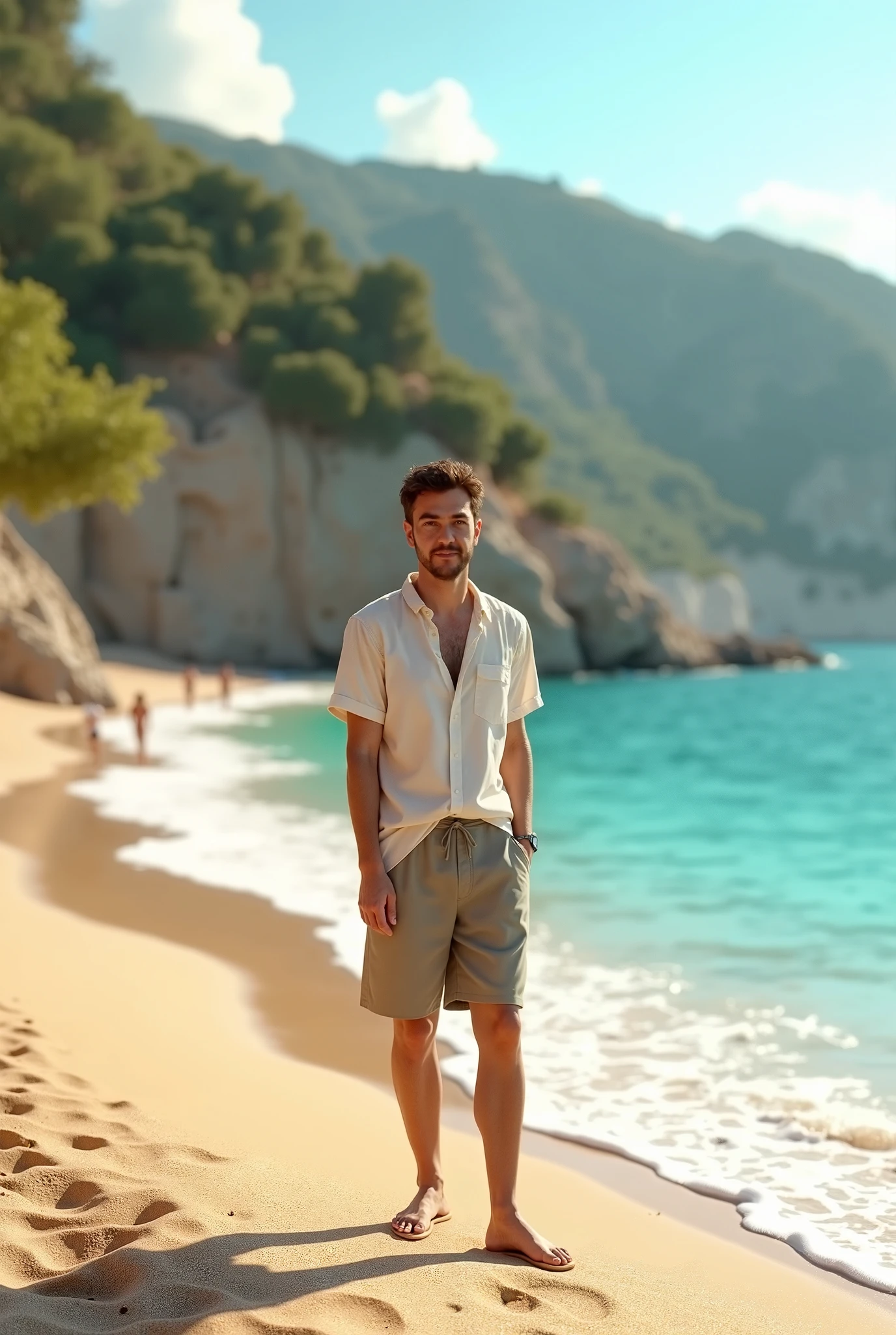 A tranquil Pino Daeni-inspired scene: A contemplative mature male figure sits on a weathered wooden bridge, his feet submerged in the gentle lapping of the water's edge. His bare muscular torso and rolled-up trousers evoke a sense of relaxed confidence. The sailing marina unfolds in the background, with boats moored like tiny islands, as seagulls soar overhead against a brilliant summer sky. Warm sunlight casts dramatic shadows, creating a captivating chiaroscuro effect.