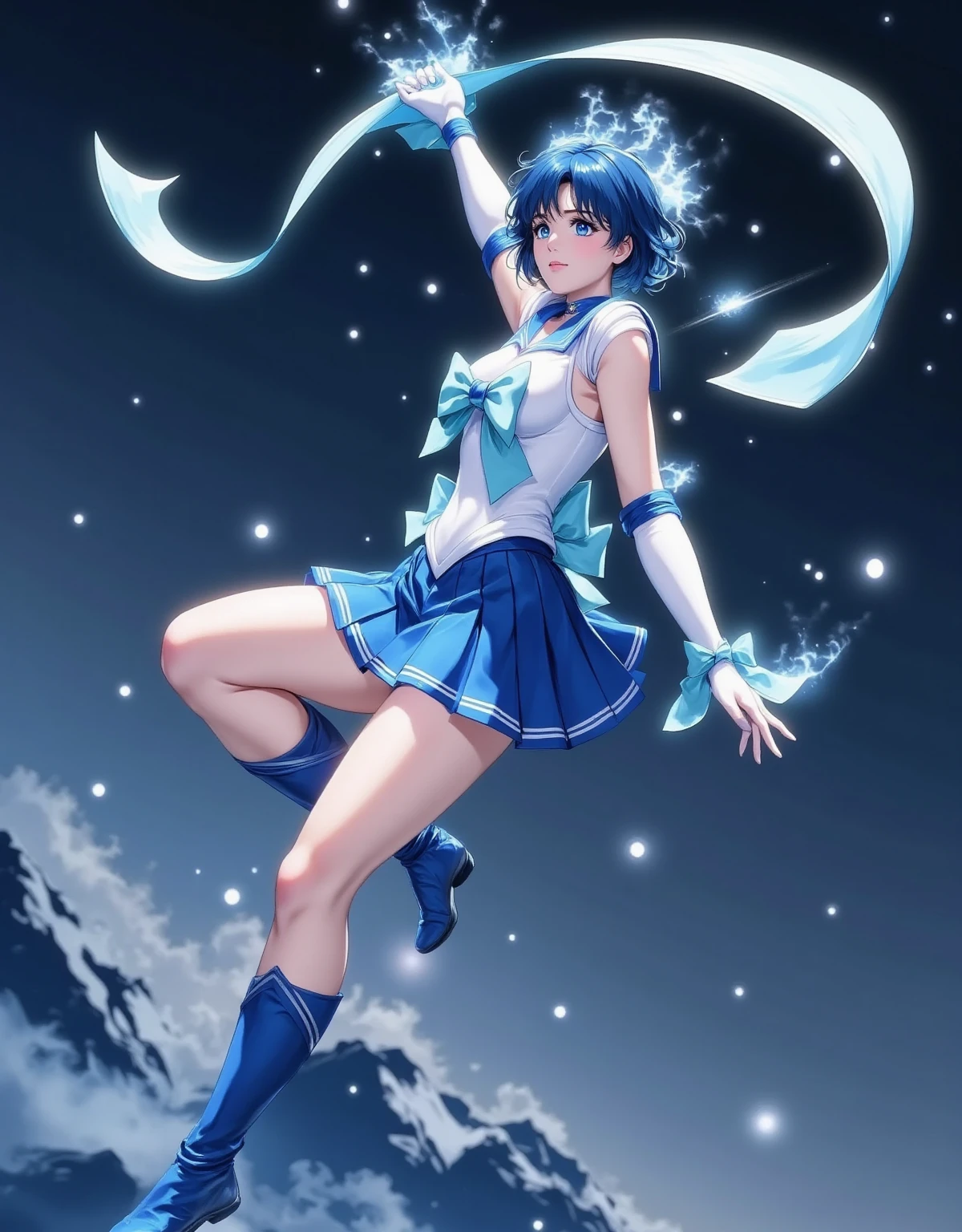 Sailor mercury standing in dynamic pose on a street, midday, , mer1, tiara, knee boots, blue choker, ((blue skirt)), blue sailor collar, cute girl, blue hair, elbow gloves, sailor senshi uniform, (determined face) , (perfect hands) , perfect nose, (cute face) , cute nose, perfect skin, ((detailed face and body)), ((perfect hands)), (((well drawn hands and fingers ))), Masterpiece, best quality, detailed, 8k wallpaper, cowboy shot, 1girl, short skirt, wide hips, beautiful face, (windy) , charging kamehameha, aura, blue lightning, ((white panties)), charging huge blue ball, motion lines, (swirling:1.4), daytime, city, (upskirt),,(skirt blowing), ((well drawn face)), (holding ball with both hands), ultra detailed, shooting beam, particle effects, ((water at her feet)), water splash