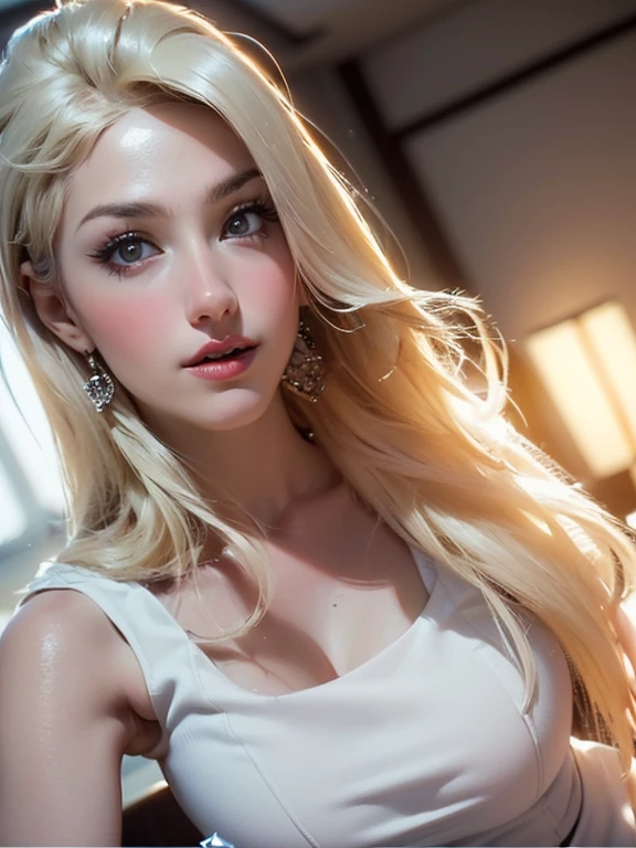 8K, highest quality, intricate details, Super detailed, ultra high resolution, masterpiece, random angle, thin, smile, close up shot, (compensate: 0.4), (ふわふわのblue eyes: 1.21), blue eyes, looking at the viewer, ((full body)), 1 girl, alone, 1 girl, (( full body)), close up shot, , ((expensive)), (((fit the body))), (((slim face))), sharp face, clear eyes, ((( golden hair, long hair, )) , (detailed face), sharp face, small lips, (()), ((White sexy night dress)), detailed face, detailed chest, , big breasts, detailed butt,perfect body, leg details,Latino Beauty,