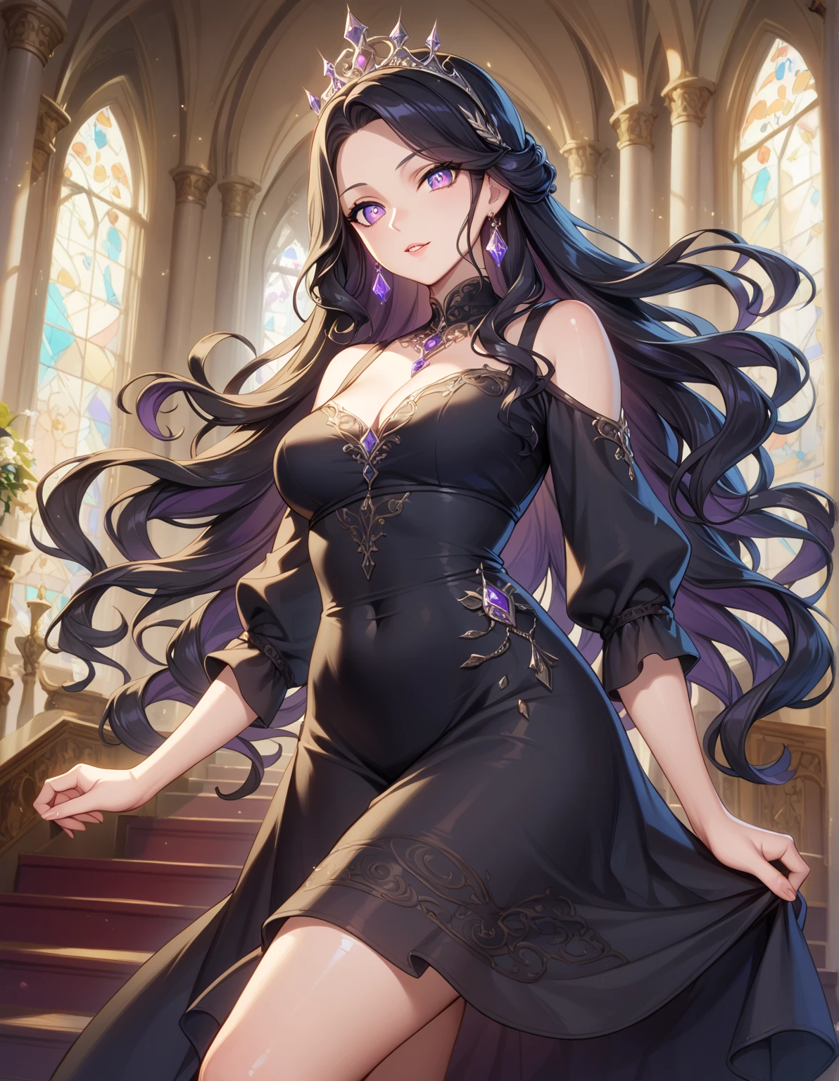1girl, long hair, solo, jewelry, earrings, flower, breasts, closed eyes, dress, very long hair, black hair, long sleeves, holding, hair ornament, simple background, collarbone, closed mouth, mature female,bad-girl， medium breasts,cleavage,  holding flower, grey background, see-through, rose, eyelashes, blue flower, cowboy shot, light particles, black flower
