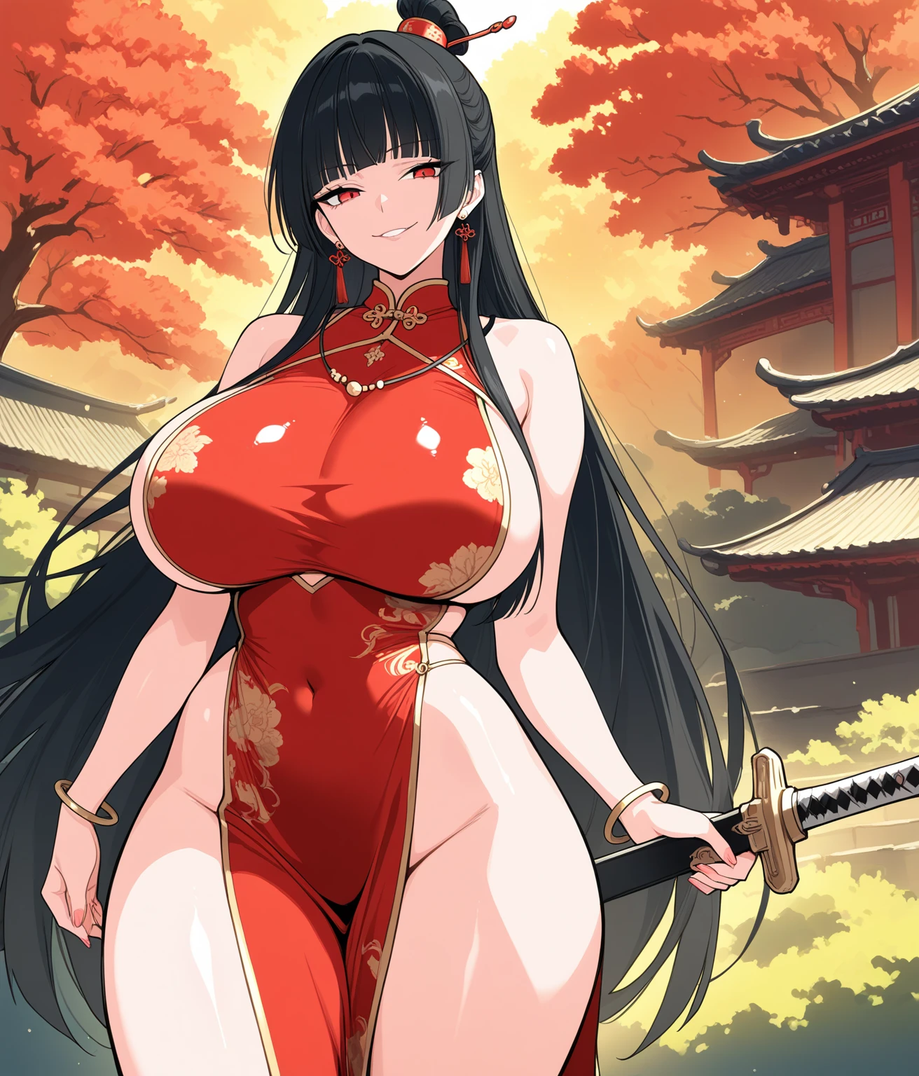 (masterpiece, best quality, high resolution, ((full body, standing,)),1(masterpiece, best quality, high resolution, ((full body, standing,))((huge breasts)) 1 woman mature, very long and straight black hair, straight bangs, red lips, full-body fnatasia Japanese maiden kimono, fantasy maiden headdress, calm smile, elegant posture, Japanese temple,