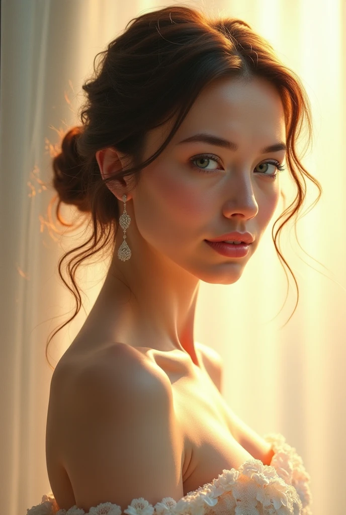 a sexy girl, 1girl, beautiful detailed eyes, beautiful detailed lips, extremely detailed eyes and face, long eyelashes, beautiful intricate hairstyle, porcelain skin, elegant facial features, detailed jewelry, elegant dress, flowing gown, romantic pose, ethereal lighting, warm soft colors, dreamlike atmosphere, cinematic composition, digital painting, masterpiece, photo-realistic, 8k, highly detailed