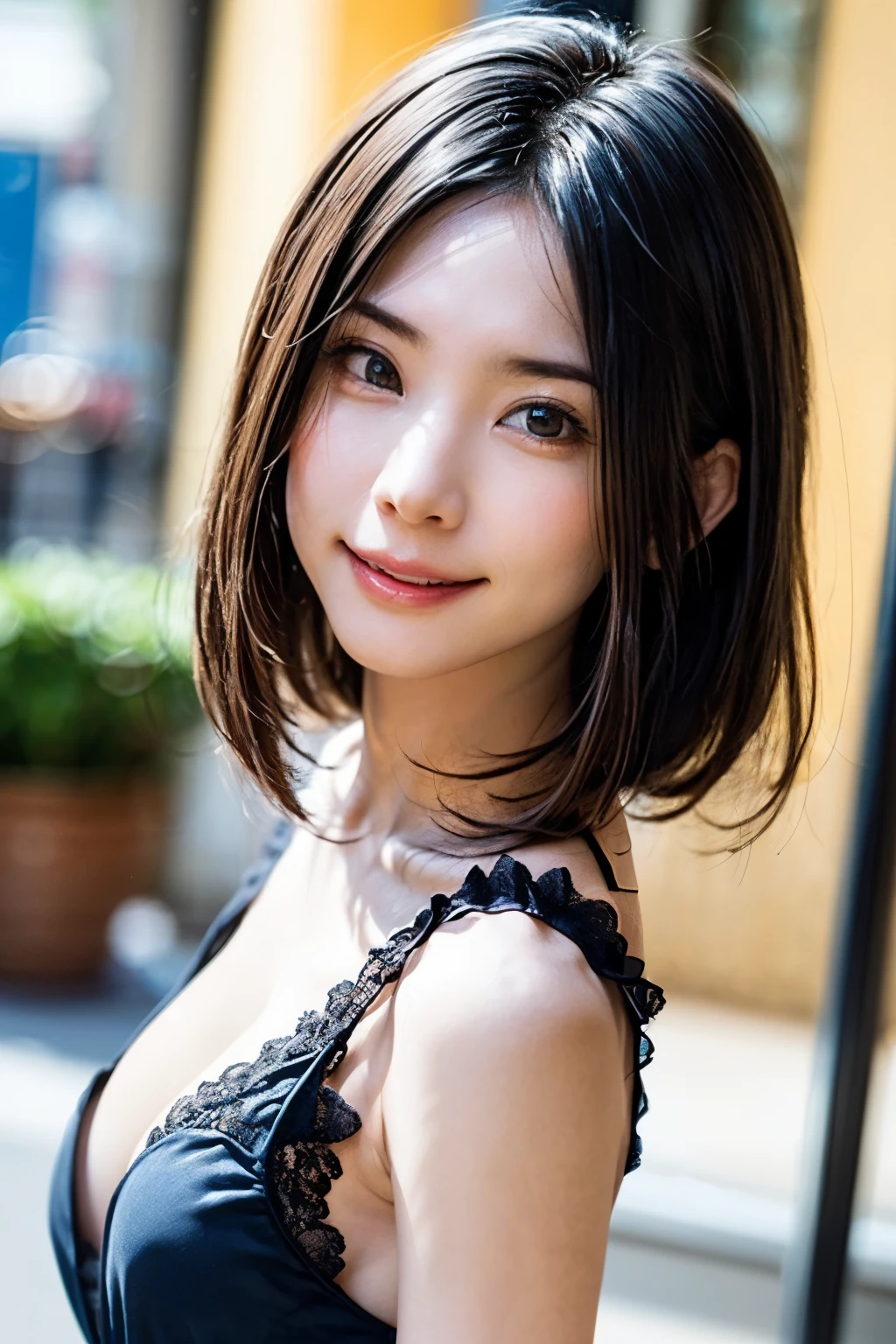 (half body shot:1.4), hyper realism, (Photoreal:1.4), 8K, maximum resolution, (masterpiece), very detailed, highest quality, Sophisticated顔立ち, The most beautiful woman in Japan, Detailed beautiful eyes and lips, Canon R5 50mm, Nogizaka, (japanese idol:1.3), smile, big breasts, bikini, classic, Sophisticated, City Square, autumn leaves, ((shortcut))