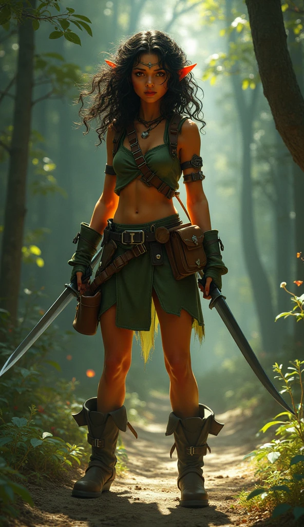 high resolution dark haired woman with perfect figure, slender abs, slender hips, slender legs, and large breasts, in the woods wearing a short green skirt, leather belt, high leather boots, and revealing top. she is carrying flaming sword and is accompanied by a small green dragon.