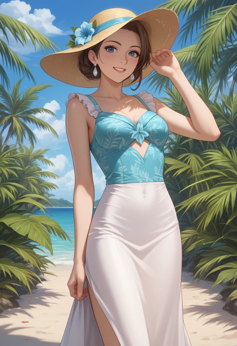 high quality, 1girl, beautiful face, outdoors, hat, dress, breasts