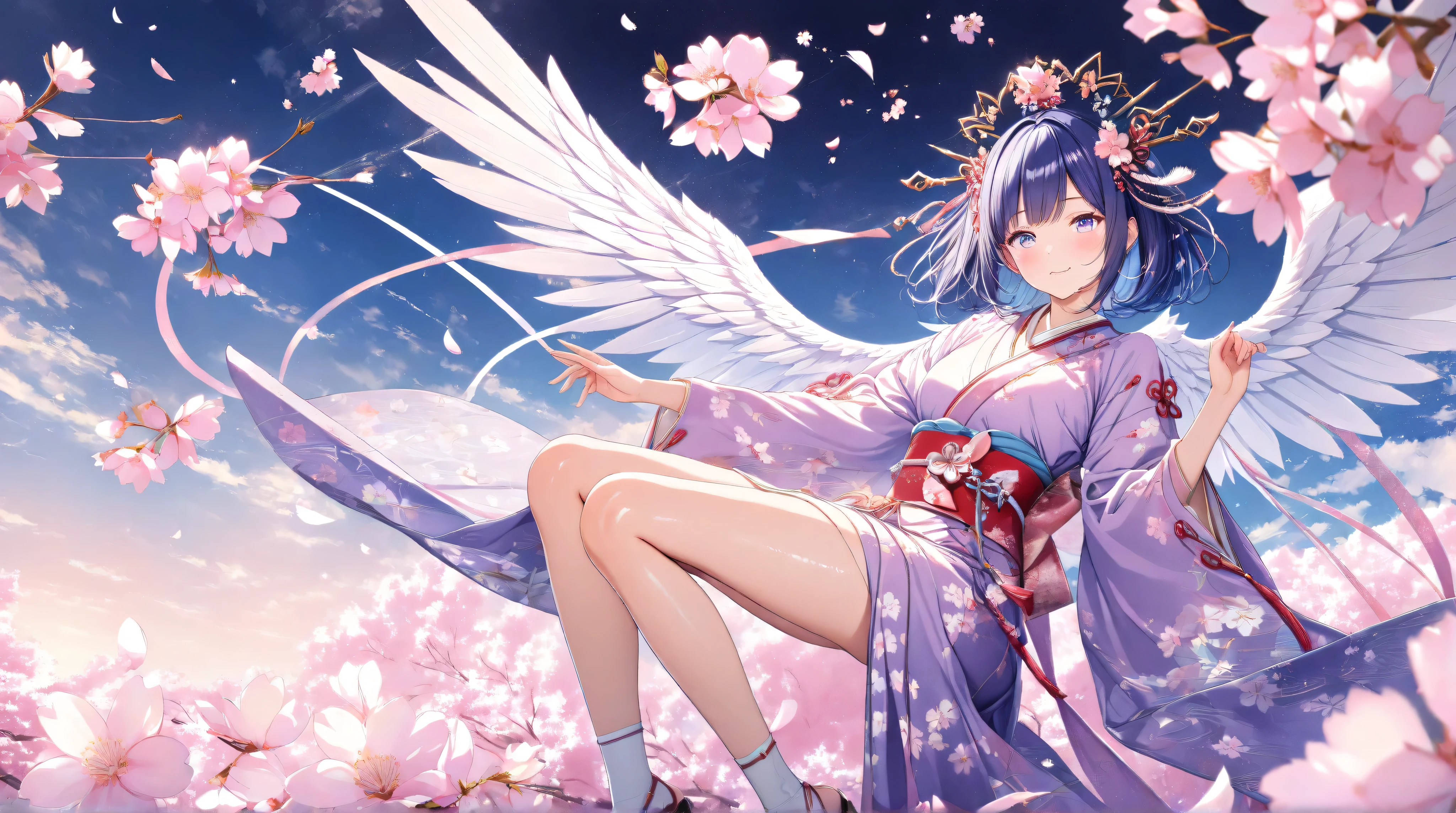 quality:masterpiece,best quality,ultra-detailed,32k,detailed background,
theme:(medium shot):1.5,(A 20 year old angel with breathtakingly beautiful perfect proportions illuminated by the rising sun):1.4,detailed skin texture,deep yet somewhat sad smile,Breathtakingly detailed facial features,Eyes that harbor intellectual light, delicate and moisturized lips ,Each finger is rendered in detail,shiny dark blue hair,short hair,Smooth silky texture,Flowing in the wind,Natural shadows and highlights,(pure white and clear angel wings):1.4,(each one is depicted in detail、feathers with a texture that cuts through the wind):1.3,(Feathers that make you feel wind pressure):1.2,(Angel wings spread powerfully through gaps in kimono):1.4,Natural and graceful hand pose,Hands based on realistic human anatomy,transparent fingertips that make you feel like you're being sucked in,Clearly defined joints,Detailed expression of the fingers, Smooth and curvaceous body lines,Translucent and moisturized skin,Graceful knee lines,Natural and beautiful leg lines, Delicate body contours,(Flying gracefully):1.5,
costume:(Long, flowing sleeves、Light purple kimono based on red):1.5,(A kimono with gorgeous embroidery):1.4,(a kimono with a smooth drape made of shiny silk):1.3,Realistic Fabric,intricate details,detailed folds,Pastel Pink Obi,Crimson Belt,Cherry Blossom Patterned Sack Belt,(large ball hairpin):1.2, (hairpin in the shape of a cherry blossom):1.2,pastel pink knob-weave hair ornament:1.1,cute sandals,Are you wearing sakura-patterned socks,
Style:photorealistic,3D rendering,cinematic lighting,volumetric lighting,ray tracing,depth of field,cinematic shot,pastel,translucent,
background:(Strong sunshine):1.5,(The screen is filled with weeping cherry blossoms in full bloom):1.5,(Weeping cherry blossoms in full bloom are shining illuminated by sunlight):1.5,(Cherry blossom sea):1.4,(Cherry blossom petals and angel wings blow in the wind and soar):1.3,(cloudless blue sky):1.4,volumetric lighting,