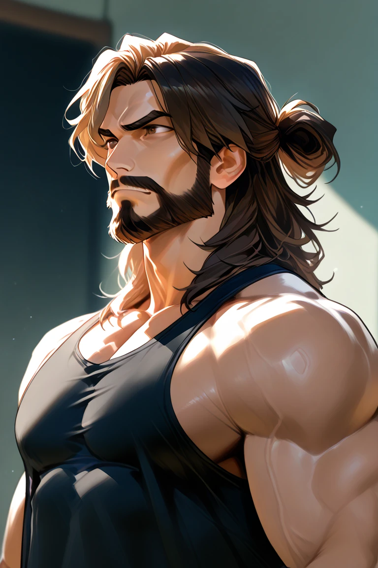 Robust athlete man, upper body revealed, legs uncovered from thighs to feet, bearded with beaded accents, flowing long curls, meticulous muscle definition, lifelike representation, 4K quality. Background: Gymnasium with weights and exercise equipment.,32k uhd, best quality, masterpiece, super detail, high details