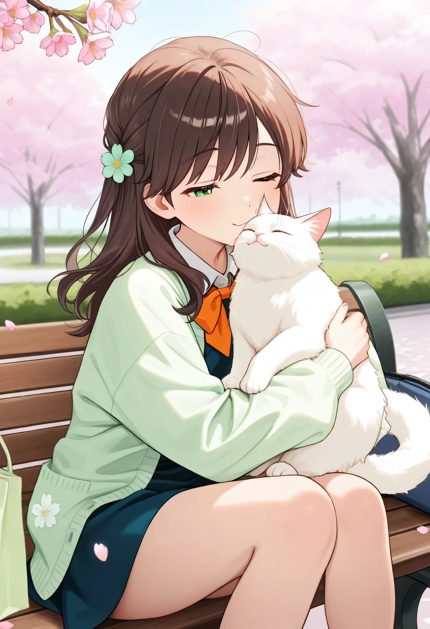 Best Quality、high resolution、high image quality、masterpiece、detailed background、Soft brown hair 、In the warm spring sun、Sleepy girl holding a cat on a park bench、A fluffy white cat curled up with her soba, take a comfortable nap together、cherry blossom petals dancing in the wind, creating a gentle spring atmosphere、gentle and dreamy spring afternoon scene、light pastel colored dress、Light, Mint green spring-like cardigan、small flower pattern handkerchief、natural material tote bag、cute