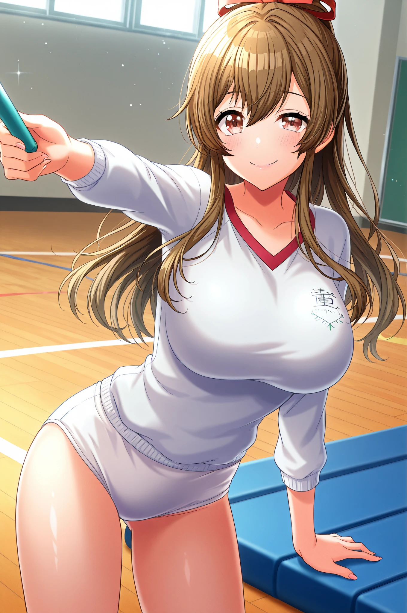 photorealistic, best quality, RAW, highres, undressed, naked, NSFW, Woman, purple eyes, brown hair, large breasts, abs, blushing, baseball bat shoved in ass, ahegao