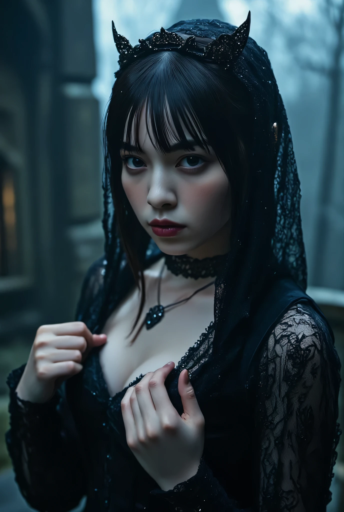 (((On the top floor of the Dark Castle:2.0))),((Night sky with constellations:2.0)),(((Dark horror atmosphere with a gothic feel:2.0))),(((rub your chest with both hands:2.0))),standing,((GROUND VIEW:2.0)),looks up at the night sky,One female ghost,((super cute face:2.0)),(Beautiful well-balanced face :2.0),((long hair with bangs:2.0)),(black hair:1.5),(Beautiful Eyes:1.5),glamorous shot of a 20-year-old Japanese woman, Slender Beautiful Body ,((model body type:2.0)),((slim body:1.7)),Perfect Body Line,ideal proportions,((big breasts outdoors at night:2.0)),((スリーサイズ90-58-86:2.0)),((G-cup breasts:2.0)), popup,((((Underboob:2.0)))),Bare thighs,Sensual Thighs,delicate body,(succulent:1.7),natural posture,((Realistic breast depiction :2.0)),carefully depict limbs based on perfect anatomy,((Dark King Style Corset:2.0)),((Fitted Lace Corset:2.0)),((Long Embroidered Cloak with Open Front Over Corset:2.0)),(Black lipstick:2.0),((Wear a black lace short veil over your head:2.0)),((((Coarse mesh fishnet stockings:2.0)))),(((Copper crown:2.0))),concept art,(Best Quality:2.0),(masterpiece:2.0),((超high resolution:2.0)),high resolution,UHD,(Delicate Description), carefully drawn with butterfly wings ,32k,((realistic skin texture that shows through the whole body:1.5)),(((ultra-realistic:1.5))),carefully draw eyelashes,very detailed face,Highly detailed female hand, Sexy appearance ,very sensual,(Blurry Dim Backgrounds :1.5),Professional Photography,(movie lights:2.0),((Rembrandt-style lights:2.0)